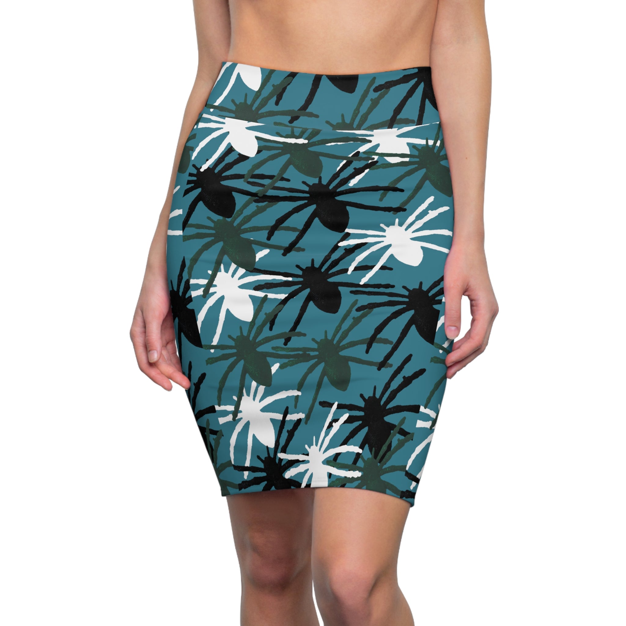 Teal Floral Spiderprint Pencil Skirt — All-Over Print Women’s Skirt