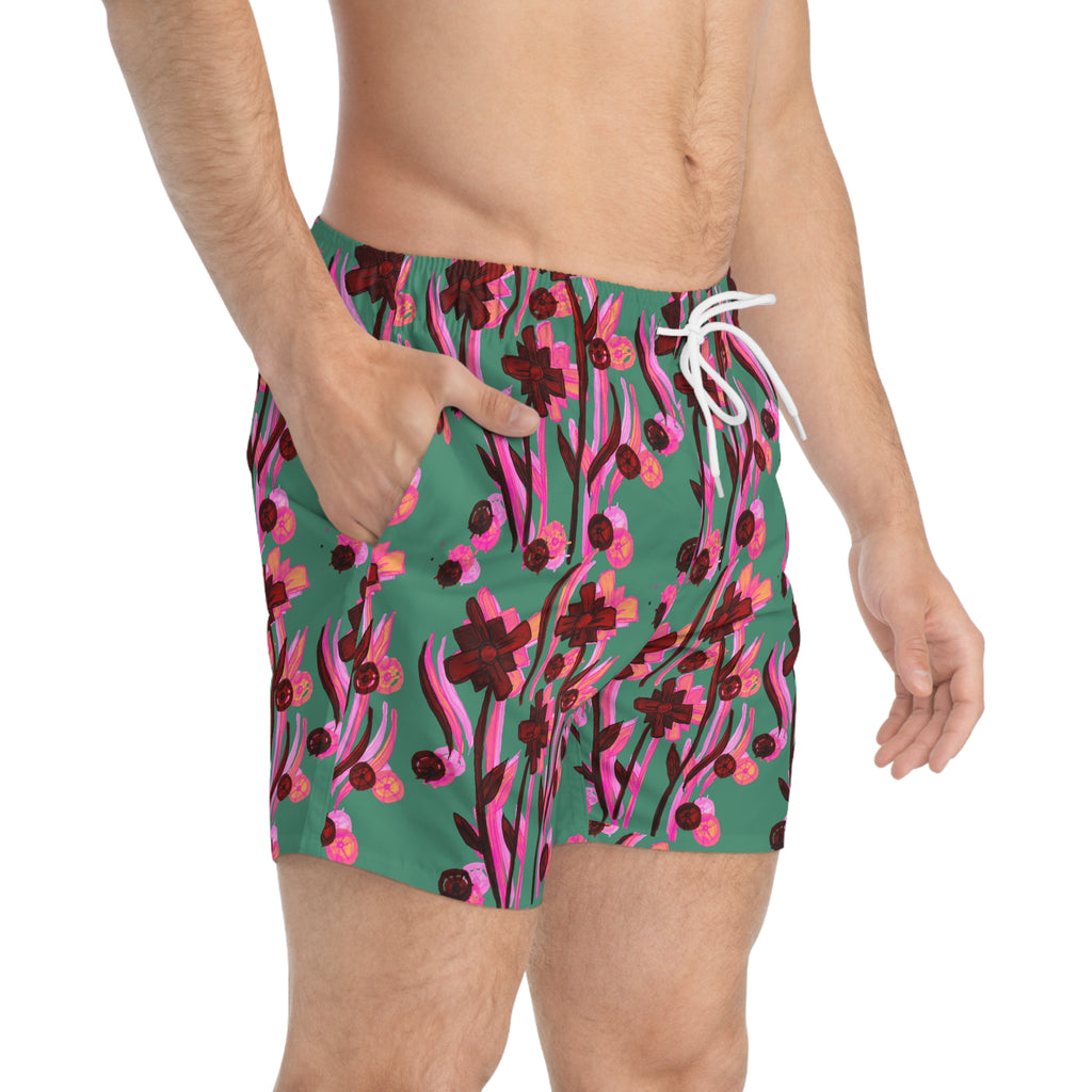 Floral Wave Swim Trunks — Pink & Teal All-Over Print