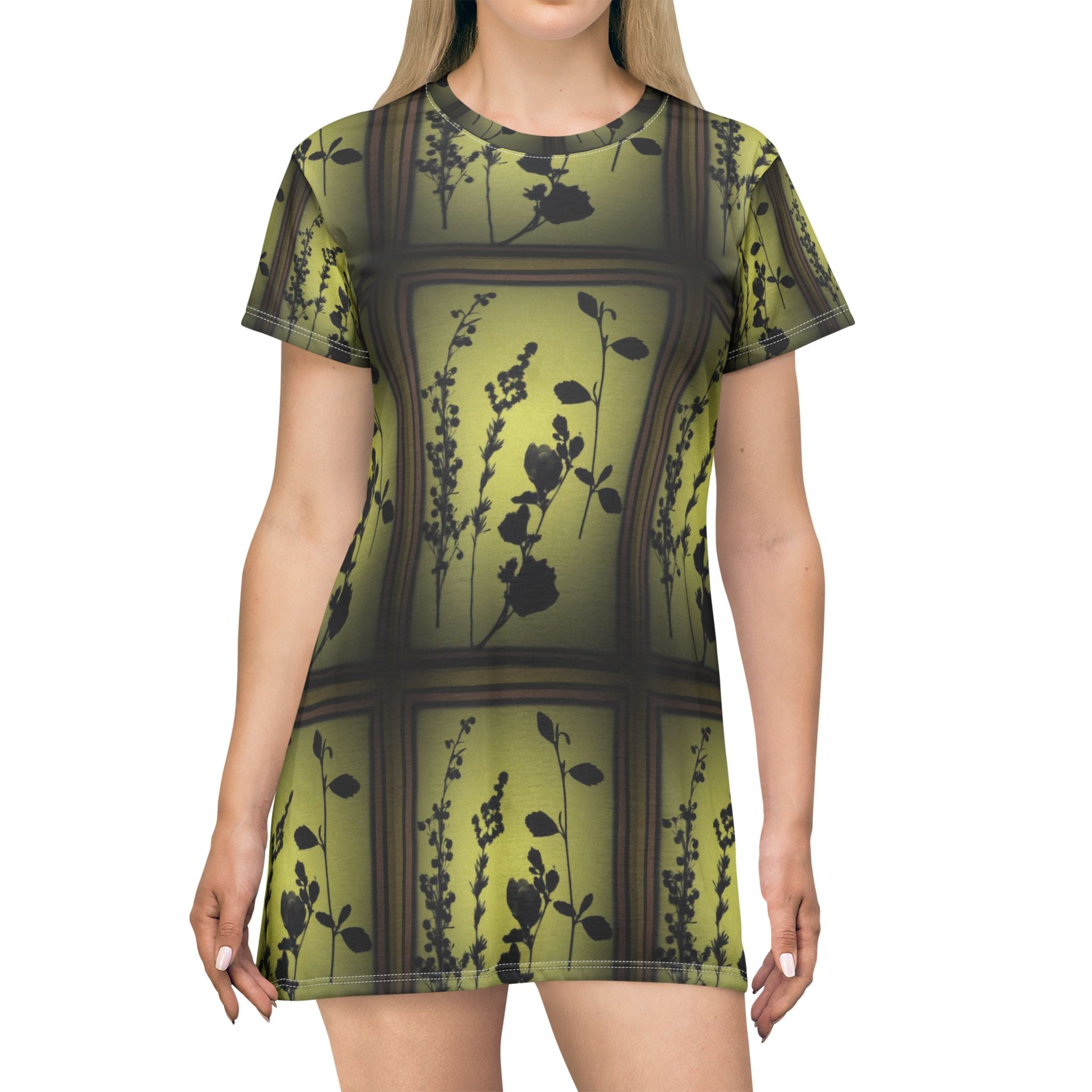 Botanical Shadow T‑Shirt Dress — Yellow Green Floral Silhouette All‑Over Print