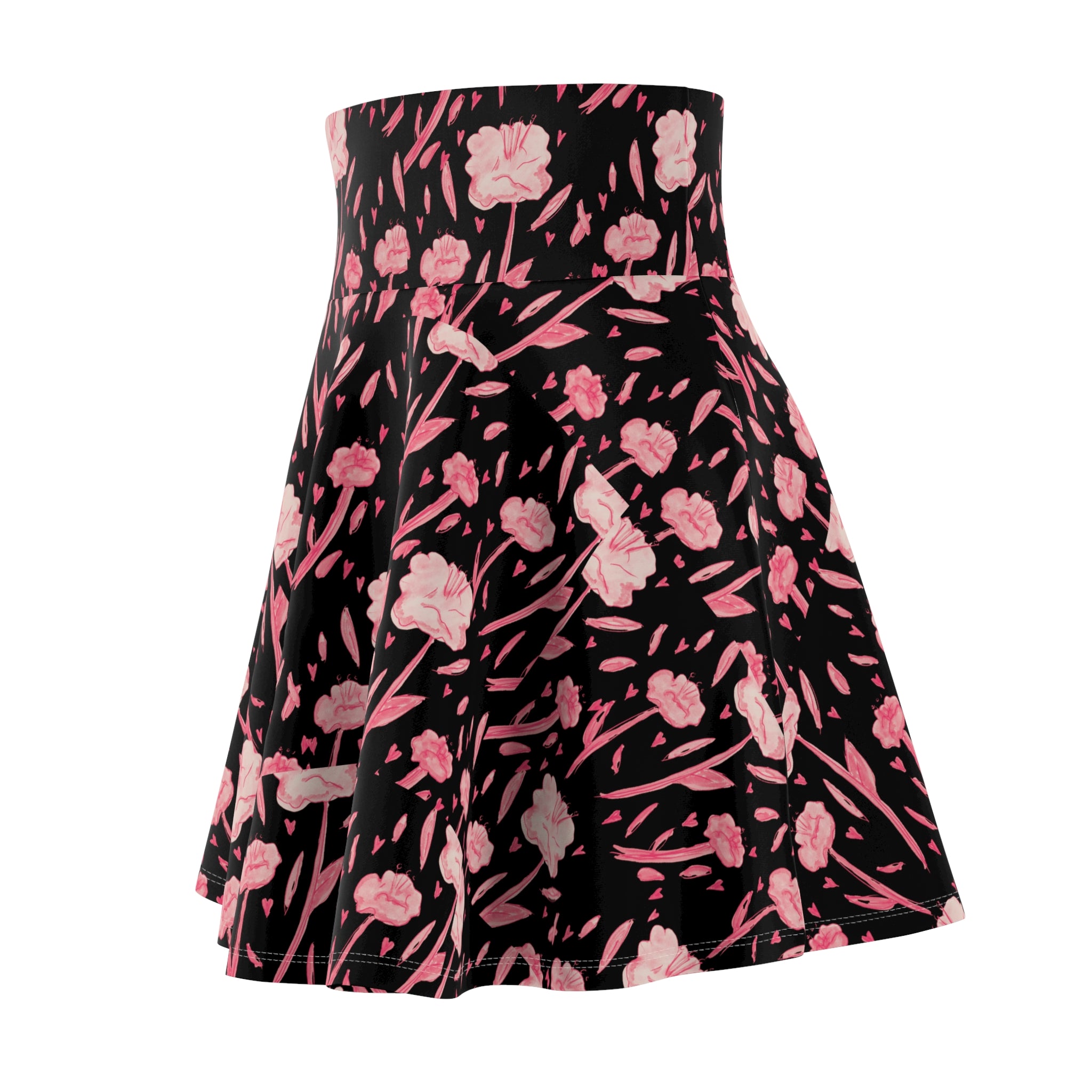 Floral Noir Skater Skirt — Pink Blooms on Black, High-Waist A-Line
