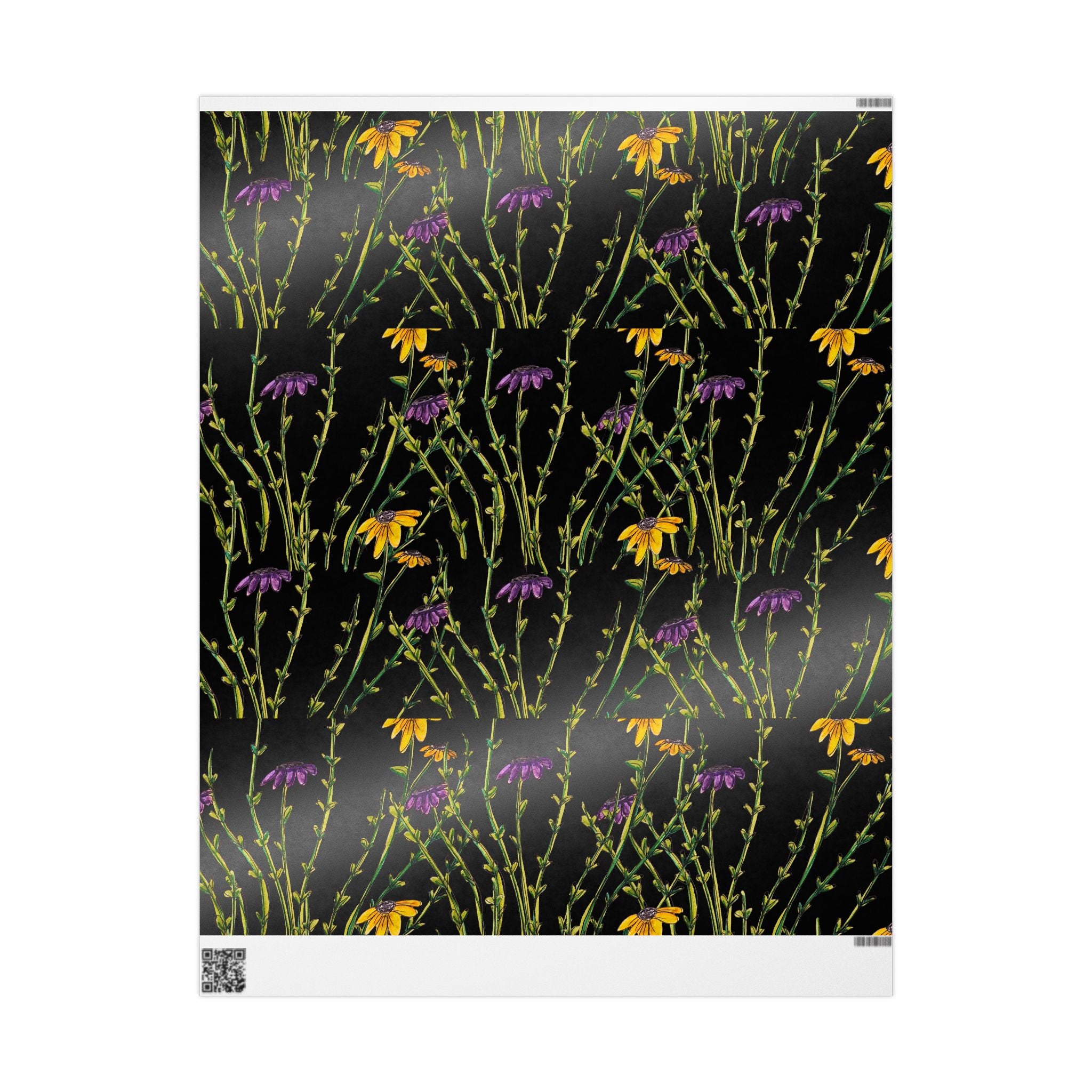 Floral Black Wrapping Paper — Wildflower Pattern Gift Wrap (Yellow & Purple)