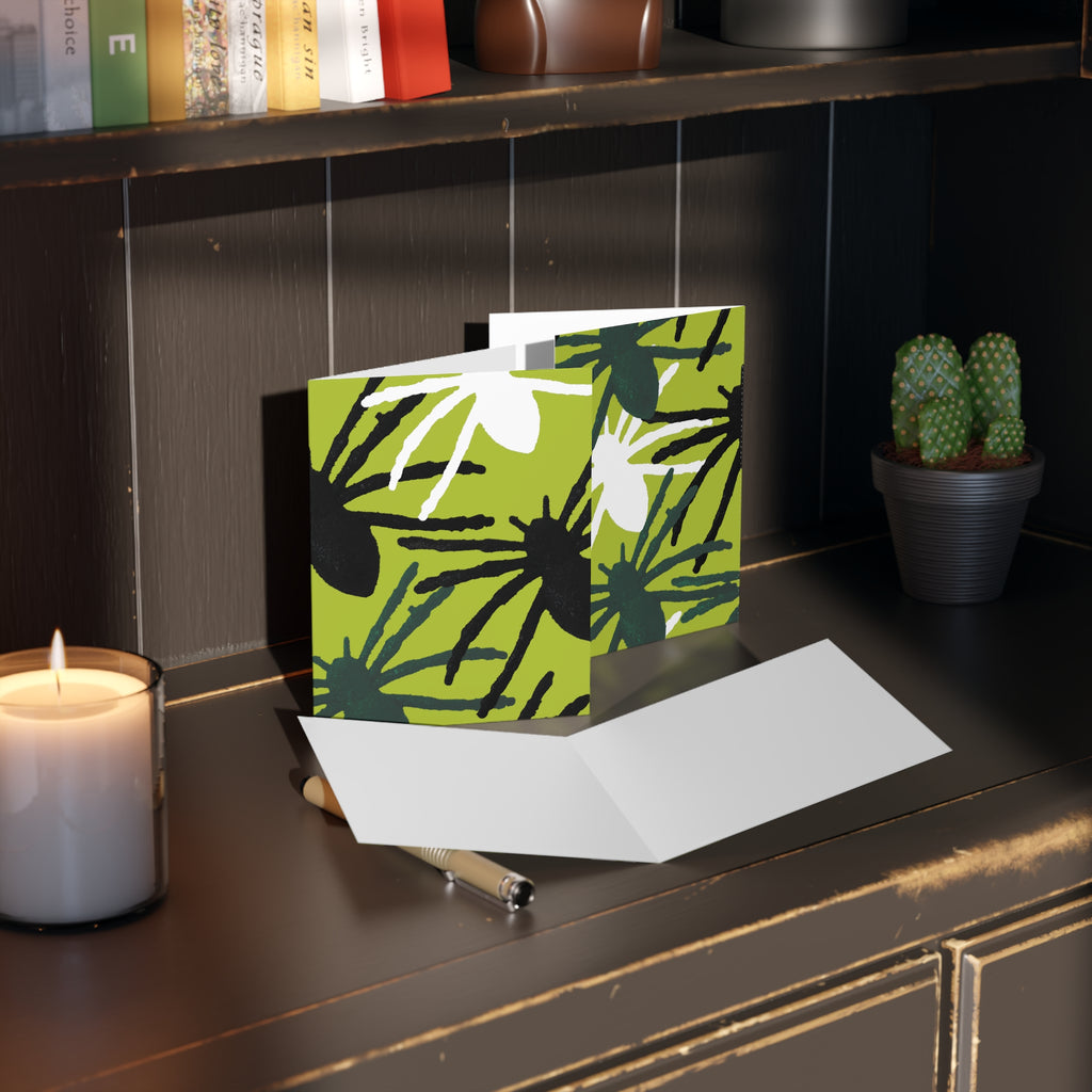 Floral Burst Greeting Cards — Pack of 8/16/24 Blank Note Cards (Green Abstract Daisy Design)