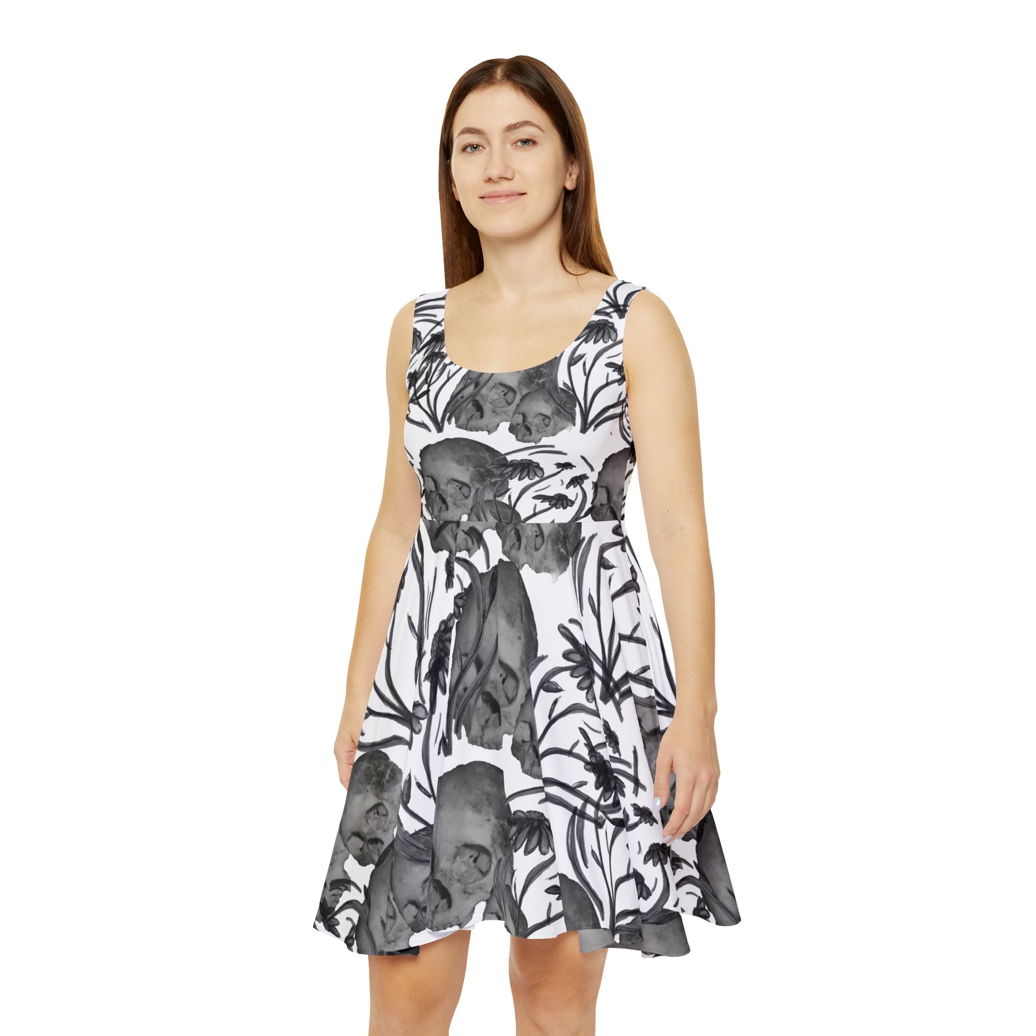 Skater Dress — Monochrome Skull & Floral All-Over Print
