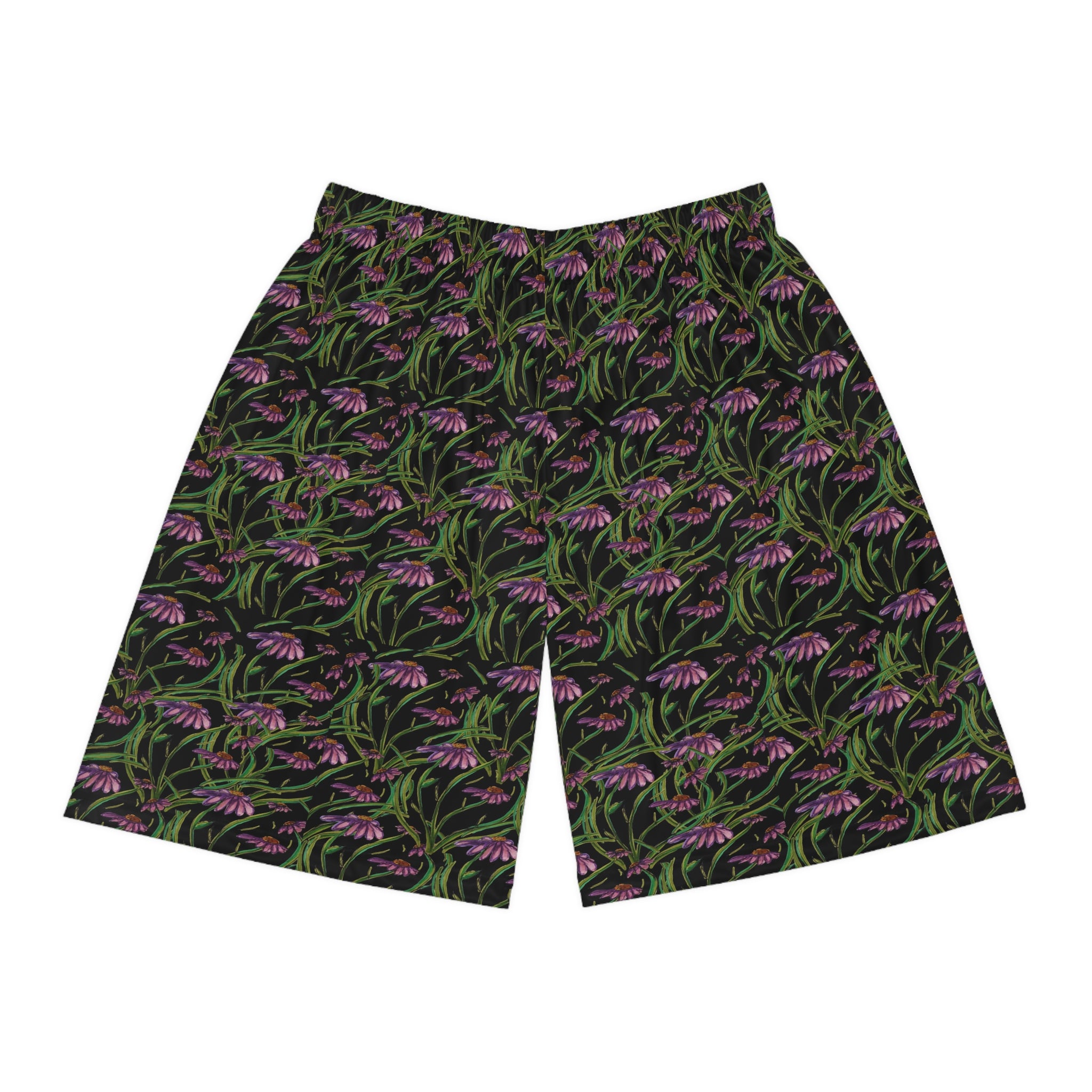 Floral Nightscape Basketball Shorts — All-Over Pink Wildflower Print