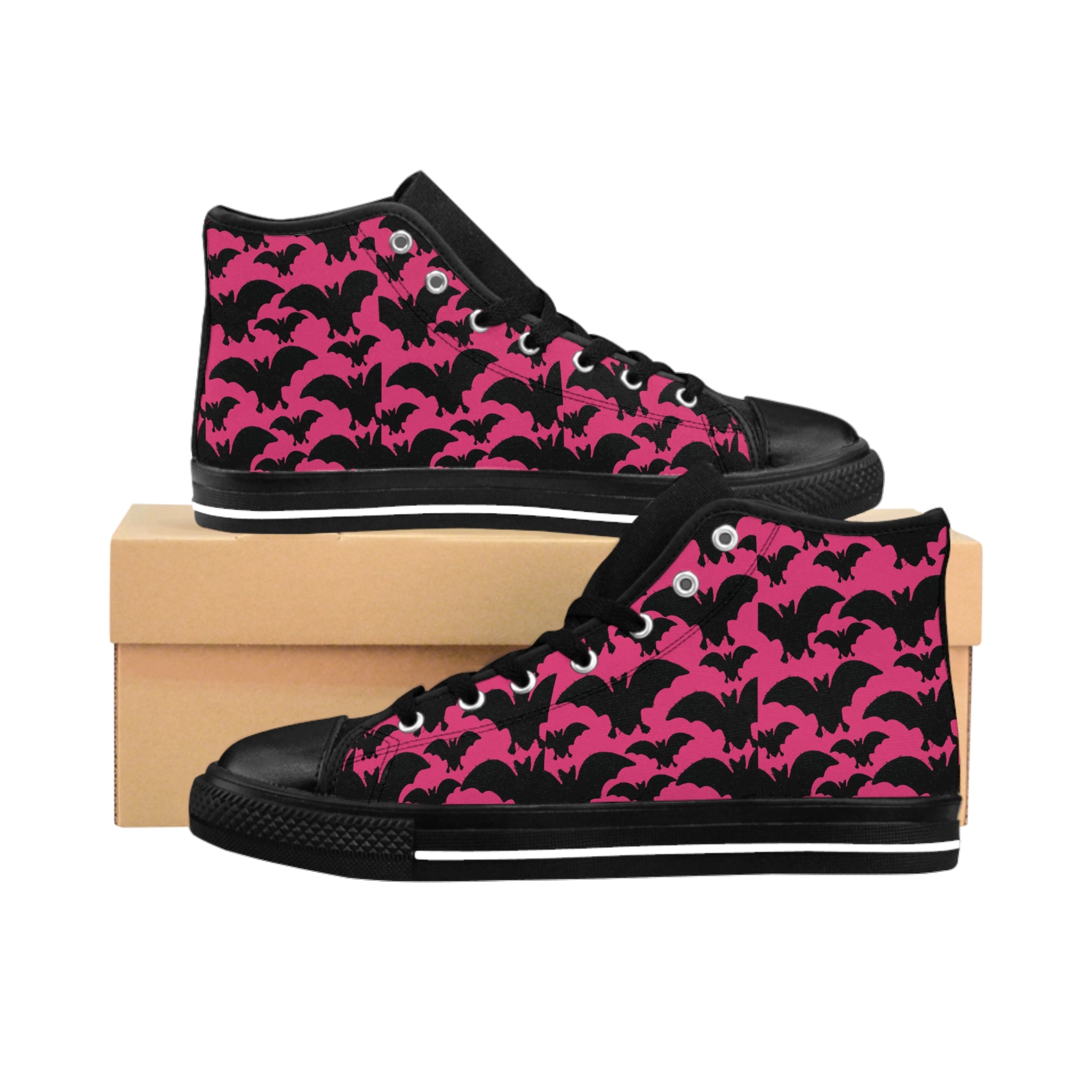 Pink Bat Pattern High-Top Sneakers — Women's Halloween Casual Shoes