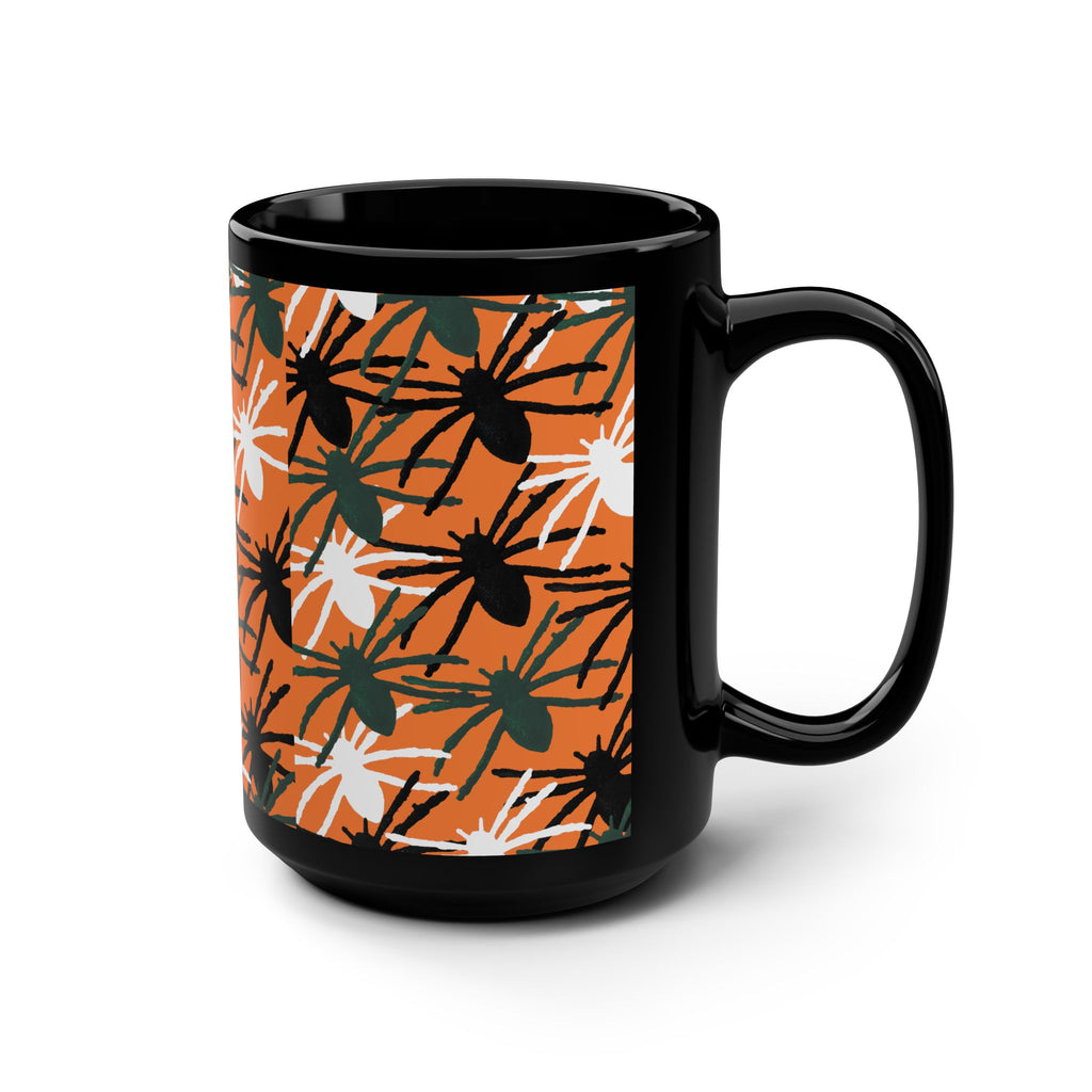Spider Pattern 15oz Black Mug — Halloween Orange Spider Repeat Design