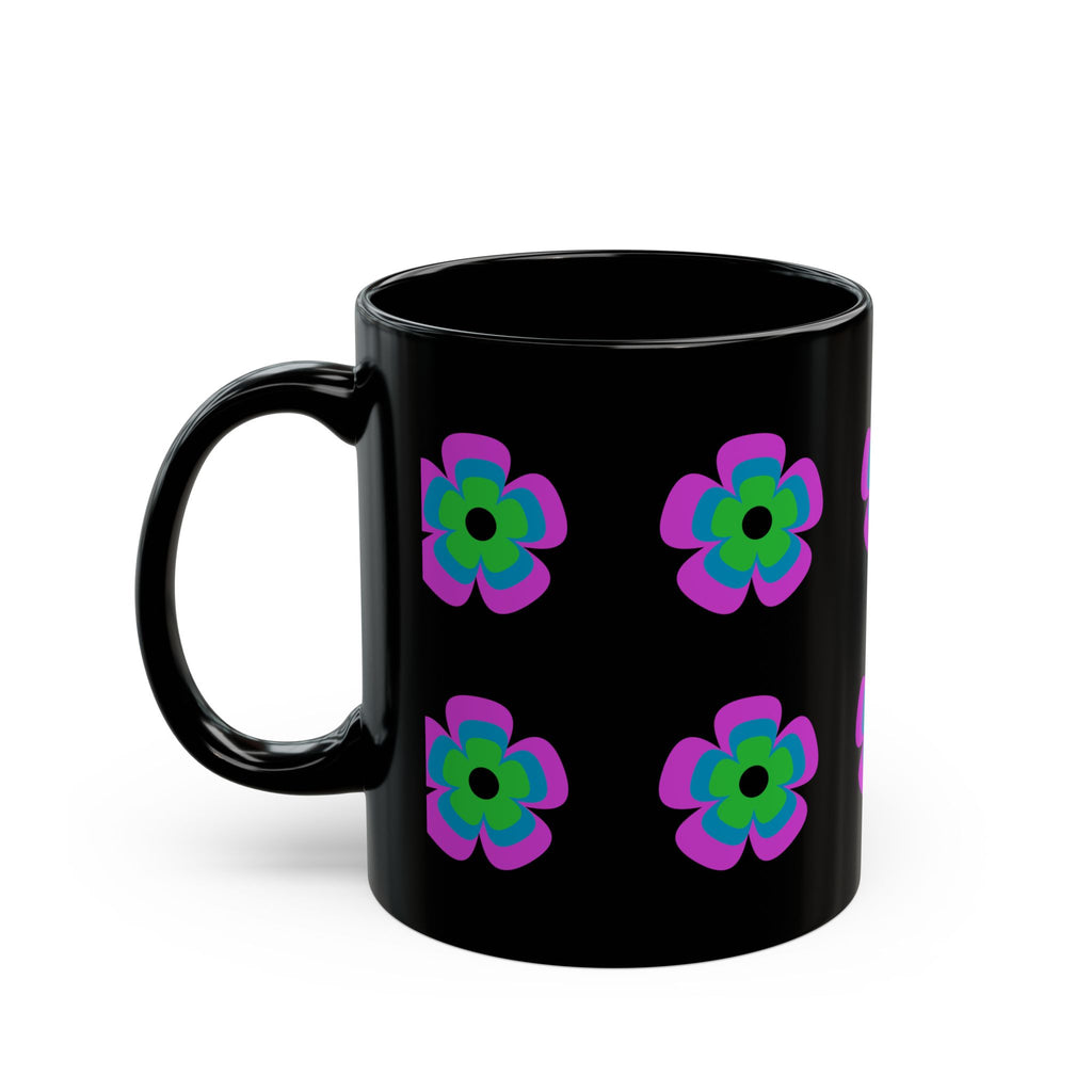 Retro Neon Flower Black Mug — Colorful 60s-Inspired Floral Coffee Cup (11oz & 15oz)