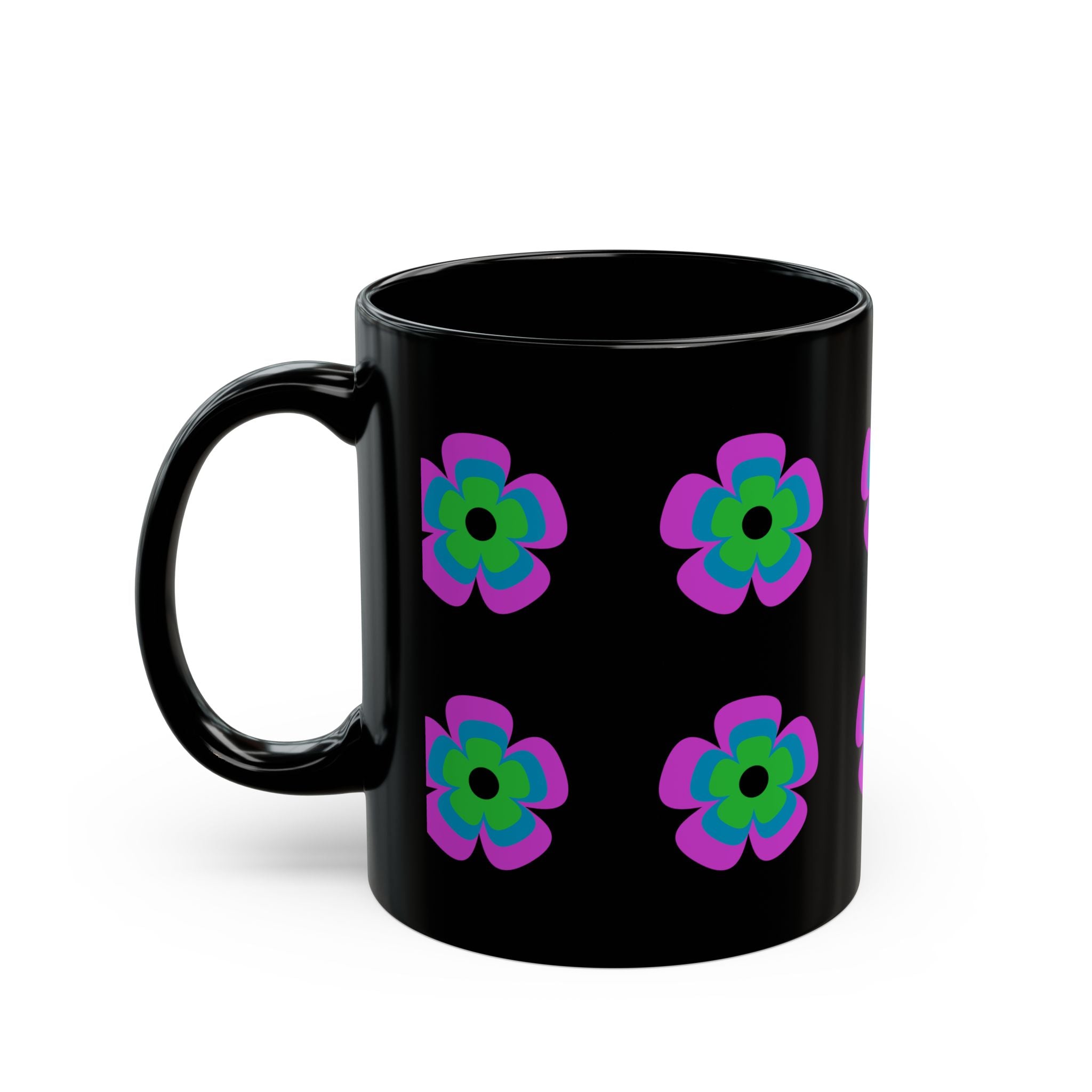 Retro Neon Flower Black Mug — Colorful 60s-Inspired Floral Coffee Cup (11oz & 15oz)