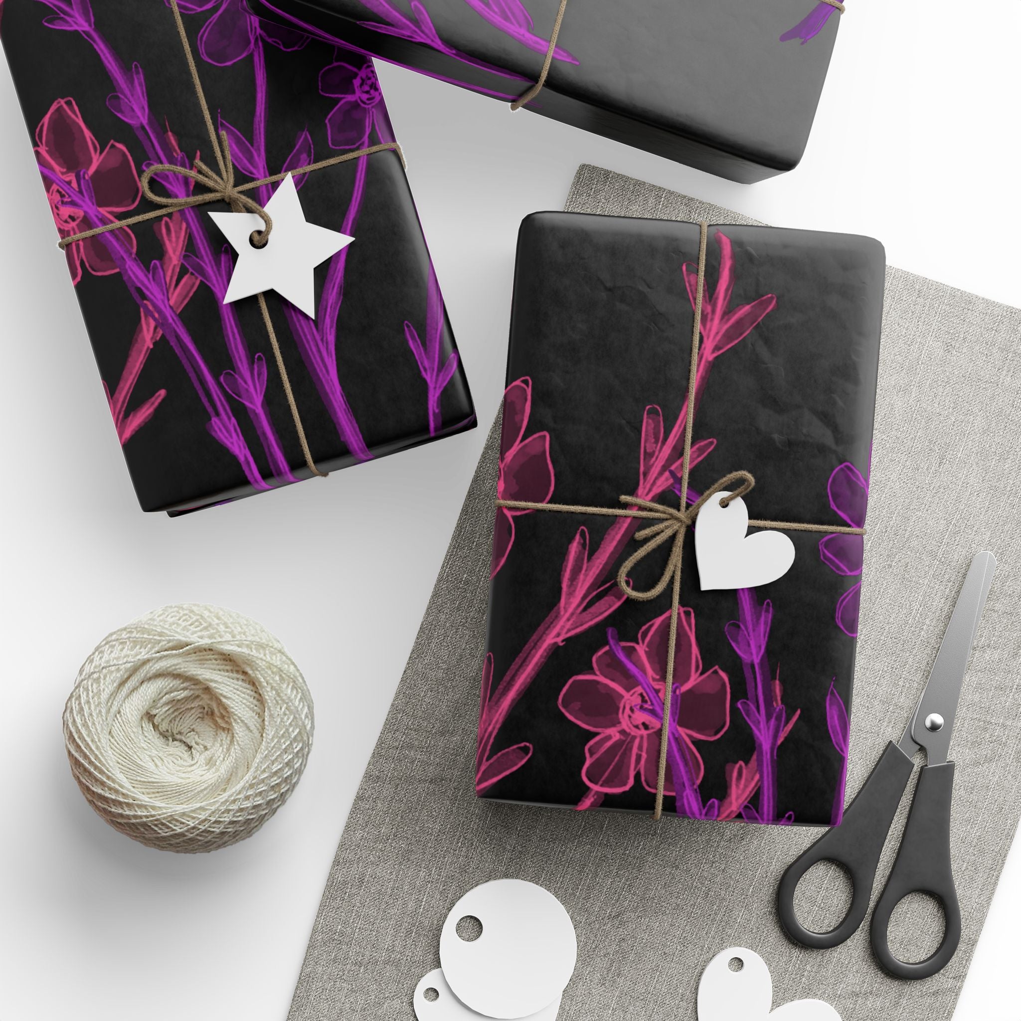 Floral Nightfall Wrapping Paper — Pink & Purple Neon Flowers on Black