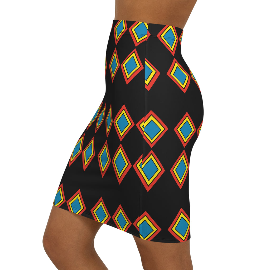 Geometric Diamond Print Pencil Skirt — Bold Black & Multicolor Mid‑Waist