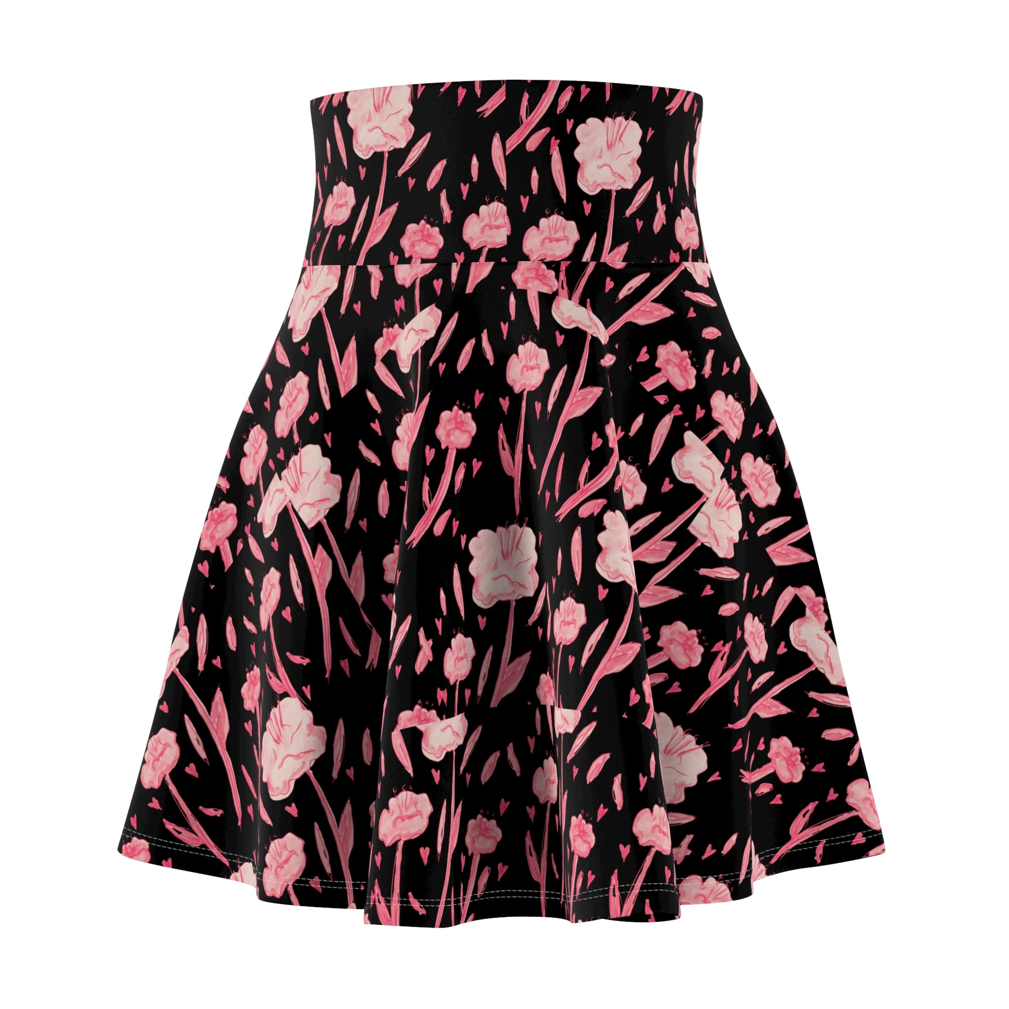 Floral Noir Skater Skirt — Pink Blooms on Black, High-Waist A-Line