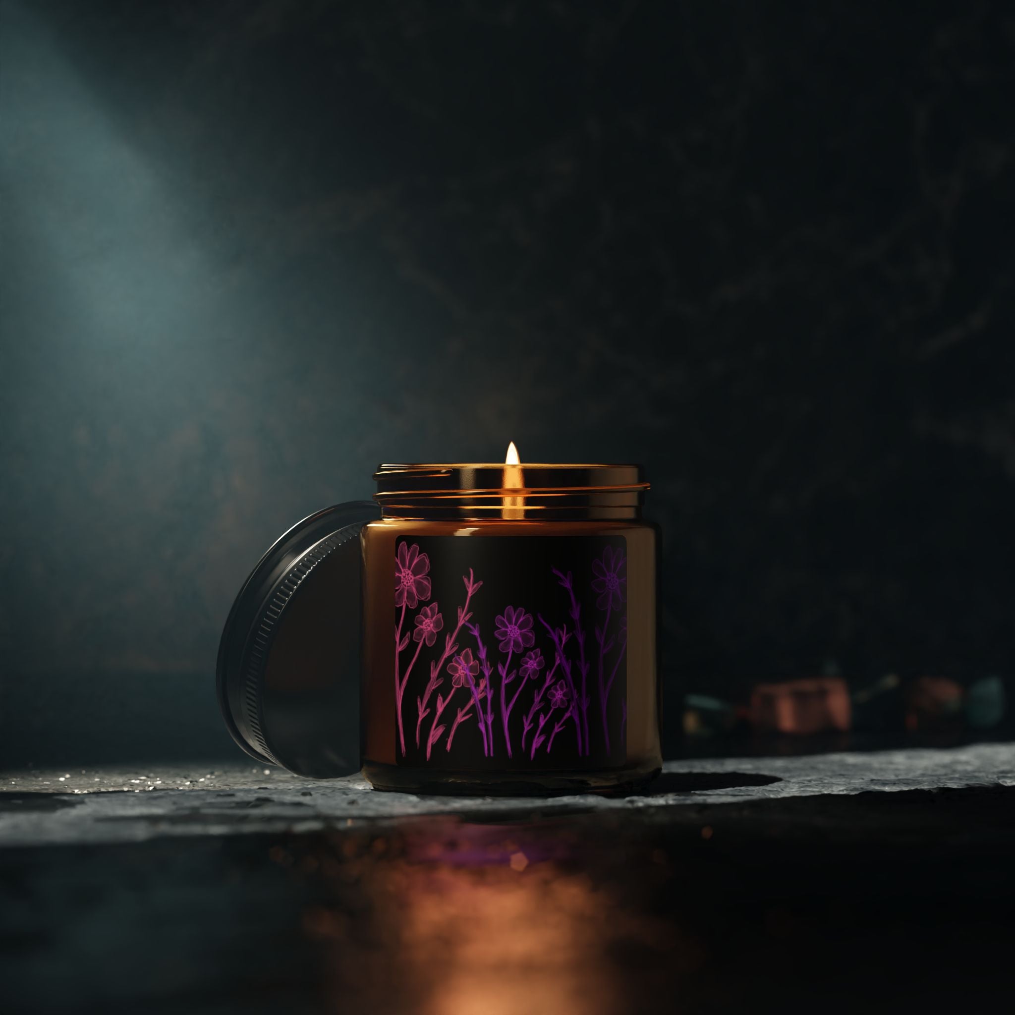 Soy Candle — Amber Jar with Purple Floral Silhouette (Scented, Multi-Size)