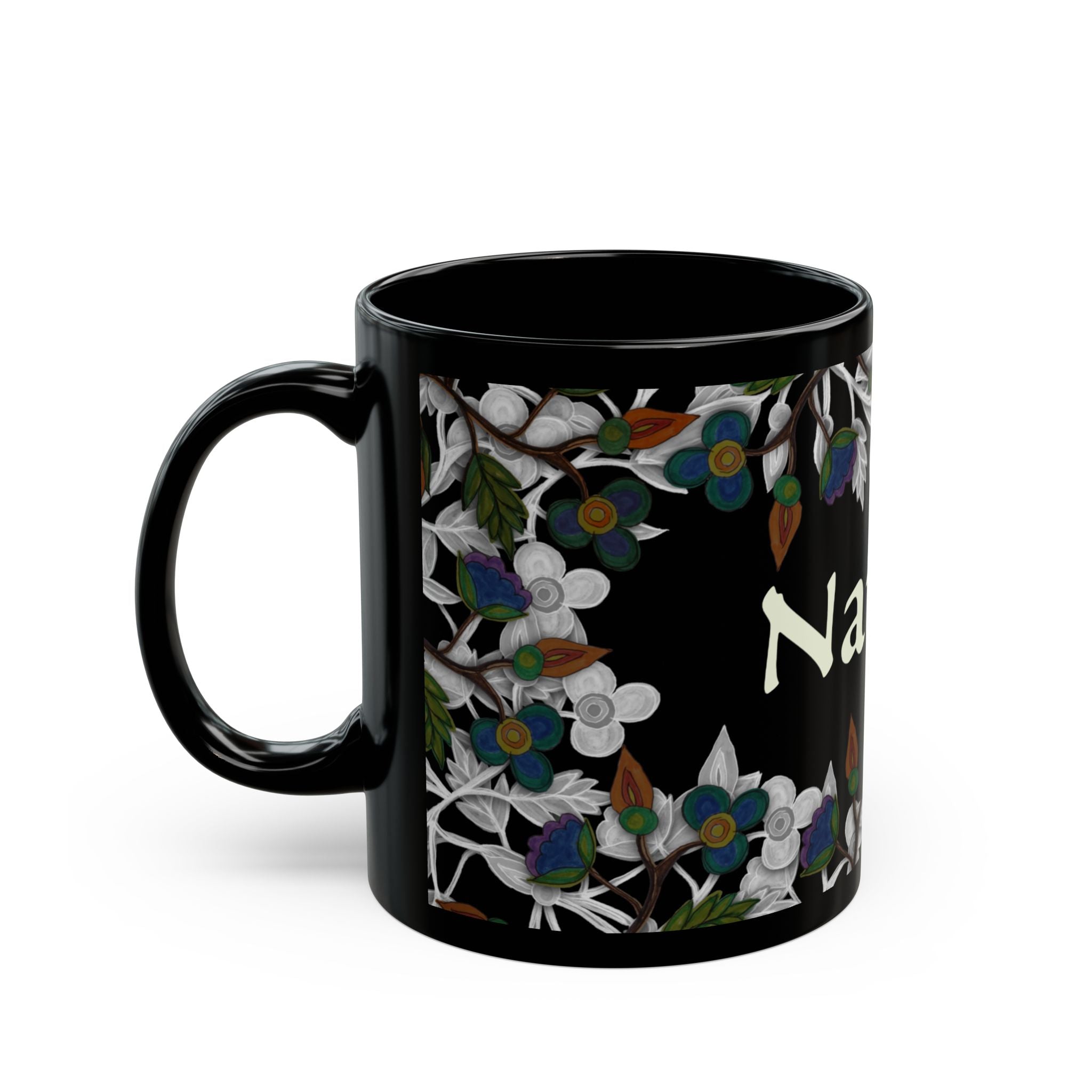 Native Floral Black Mug — 11oz & 15oz Ceramic Coffee Cup