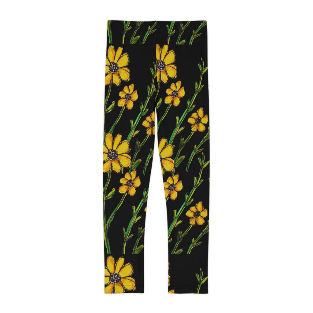 Kids Floral Leggings — Yellow Wildflower Print on Black