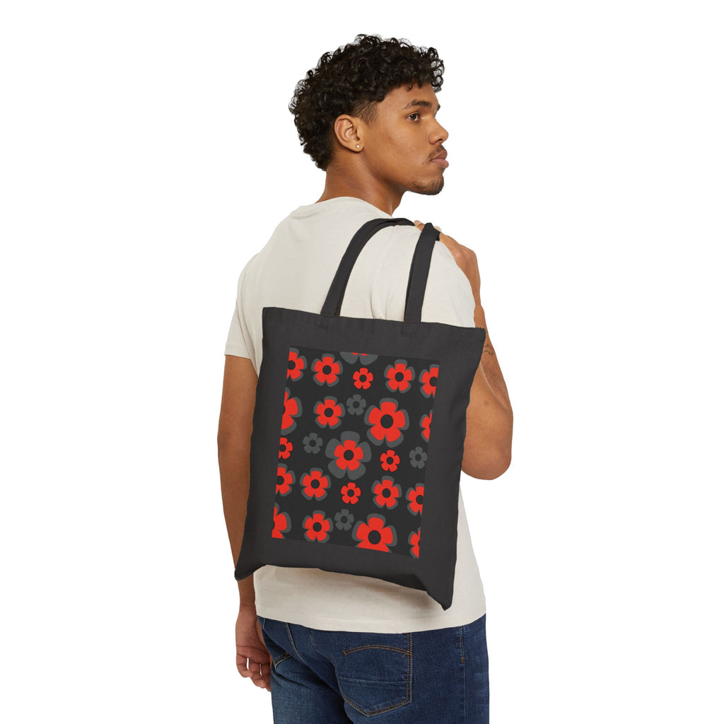 Red Retro Floral Tote Bag – Bold Poppy Pattern Cotton Canvas Tote