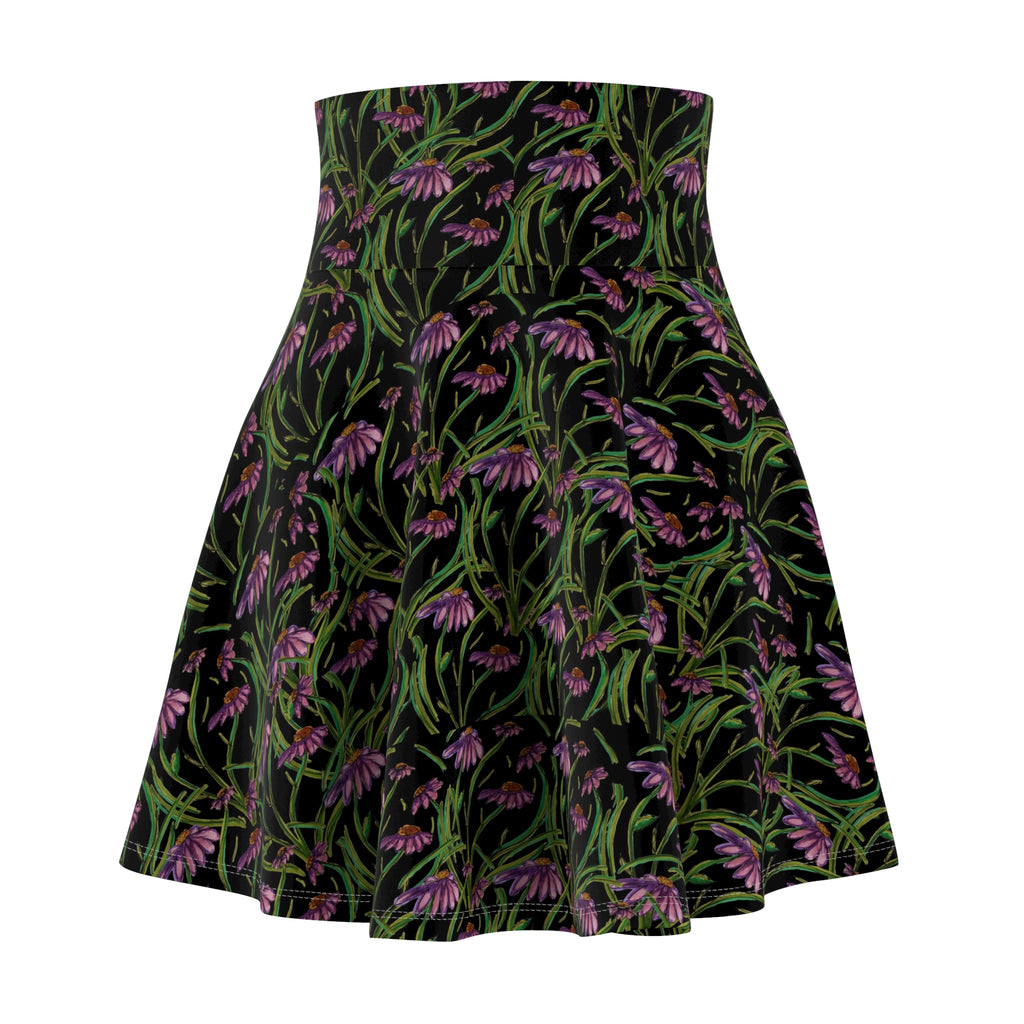 Floral Echinacea Skater Skirt — Black Wildflower Print