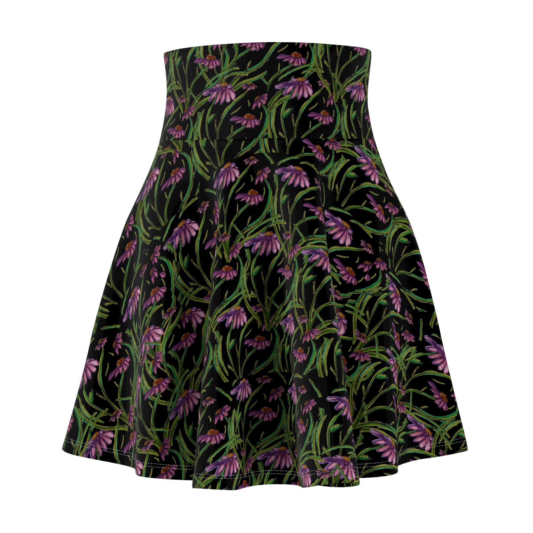 Floral Echinacea Skater Skirt — Black Wildflower Print