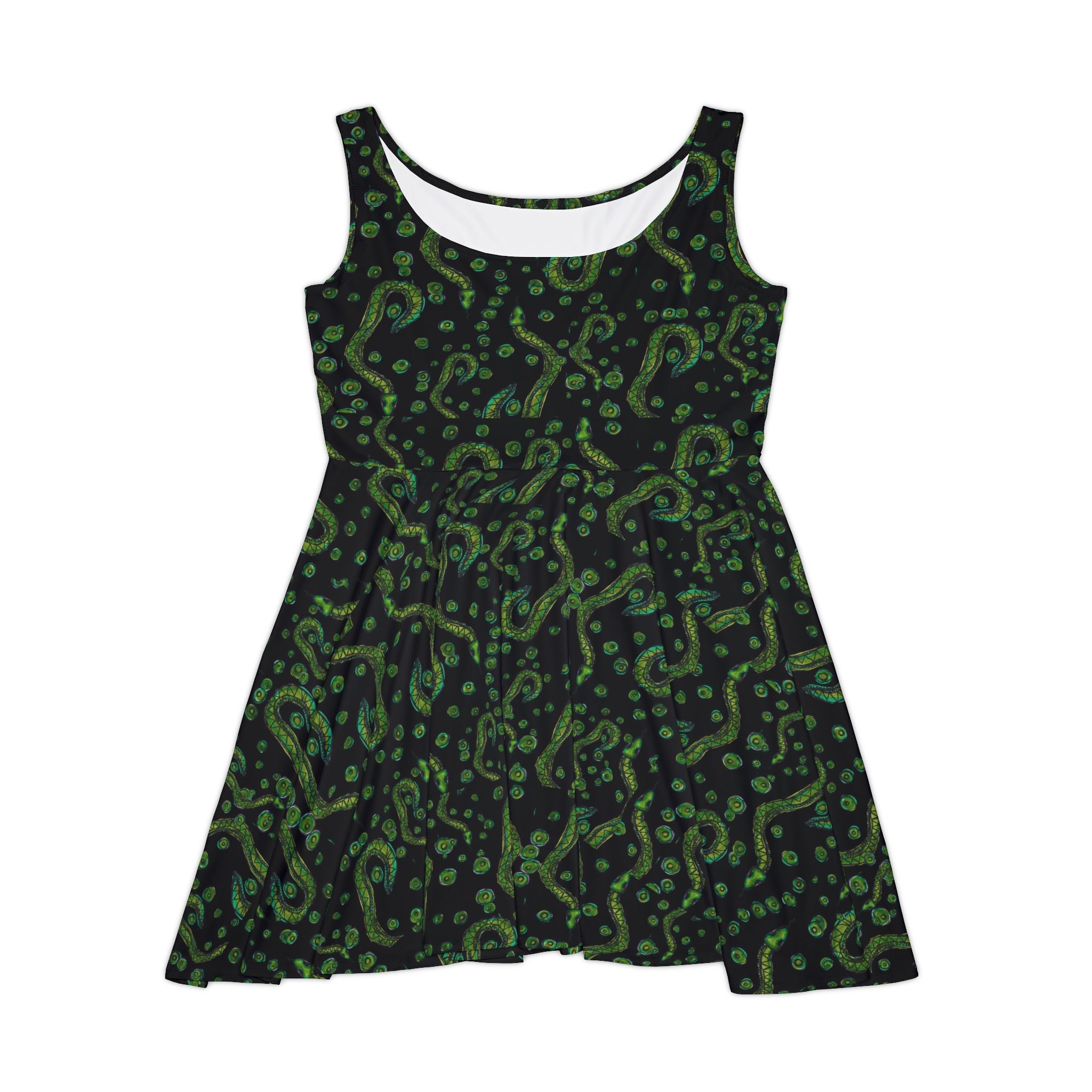 Green Swirl Pattern Skater Dress — All-Over Print Casual Dress