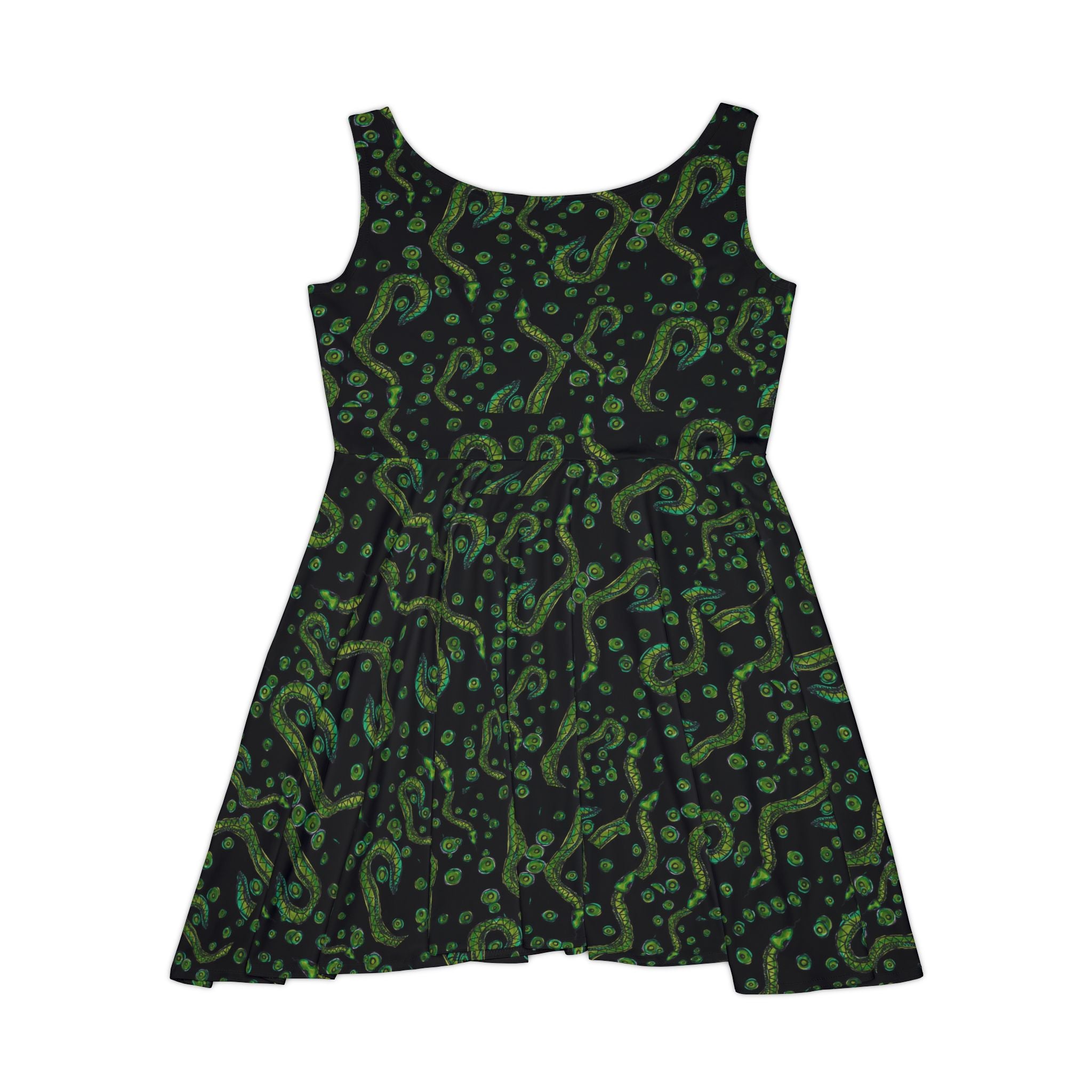 Green Swirl Pattern Skater Dress — All-Over Print Casual Dress