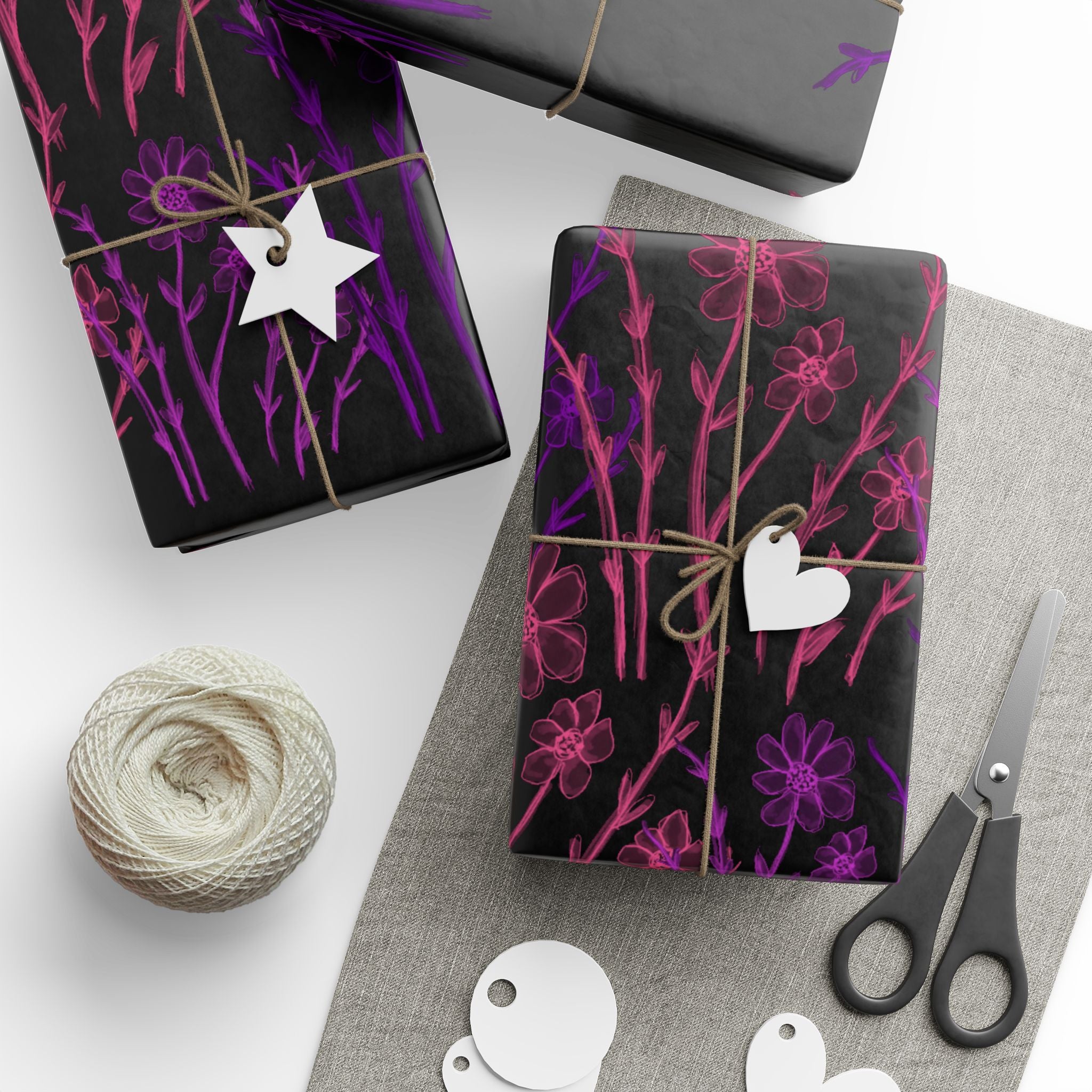 Floral Silhouette Wrapping Paper — Purple & Pink Meadow on Black