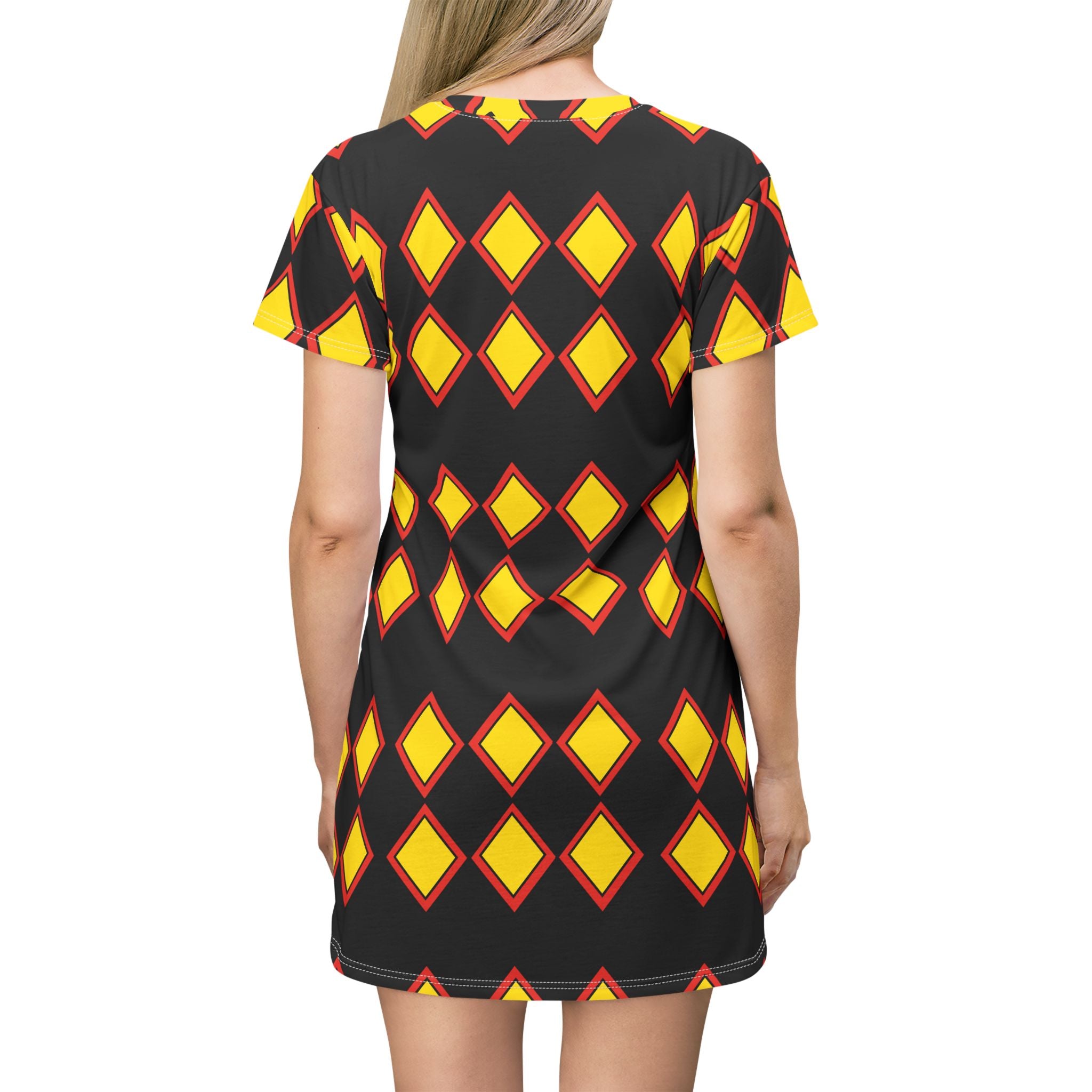 Geometric Diamond Print T-Shirt Dress — Bold Yellow & Red All-Over Pattern