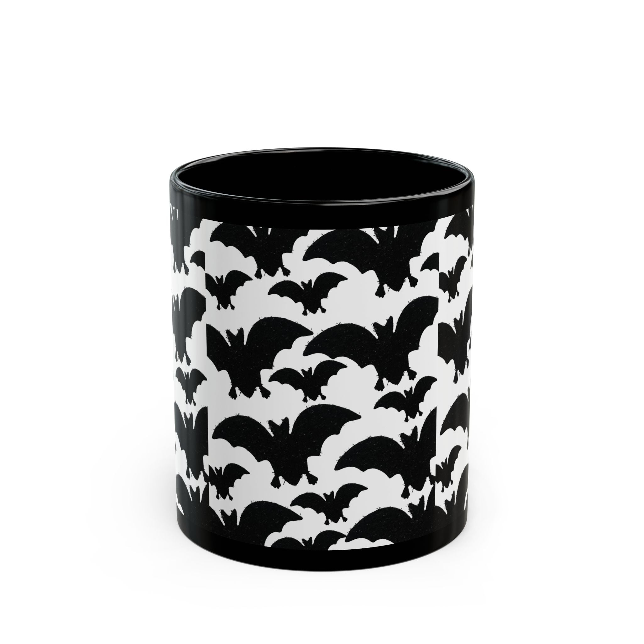 Halloween Bat Pattern Mug — Black Ceramic Coffee Cup (11oz/15oz)