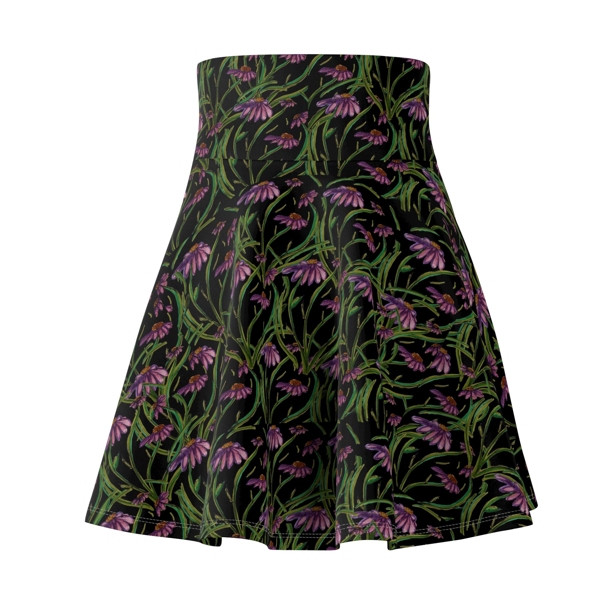 Floral Echinacea Skater Skirt — Black Wildflower Print