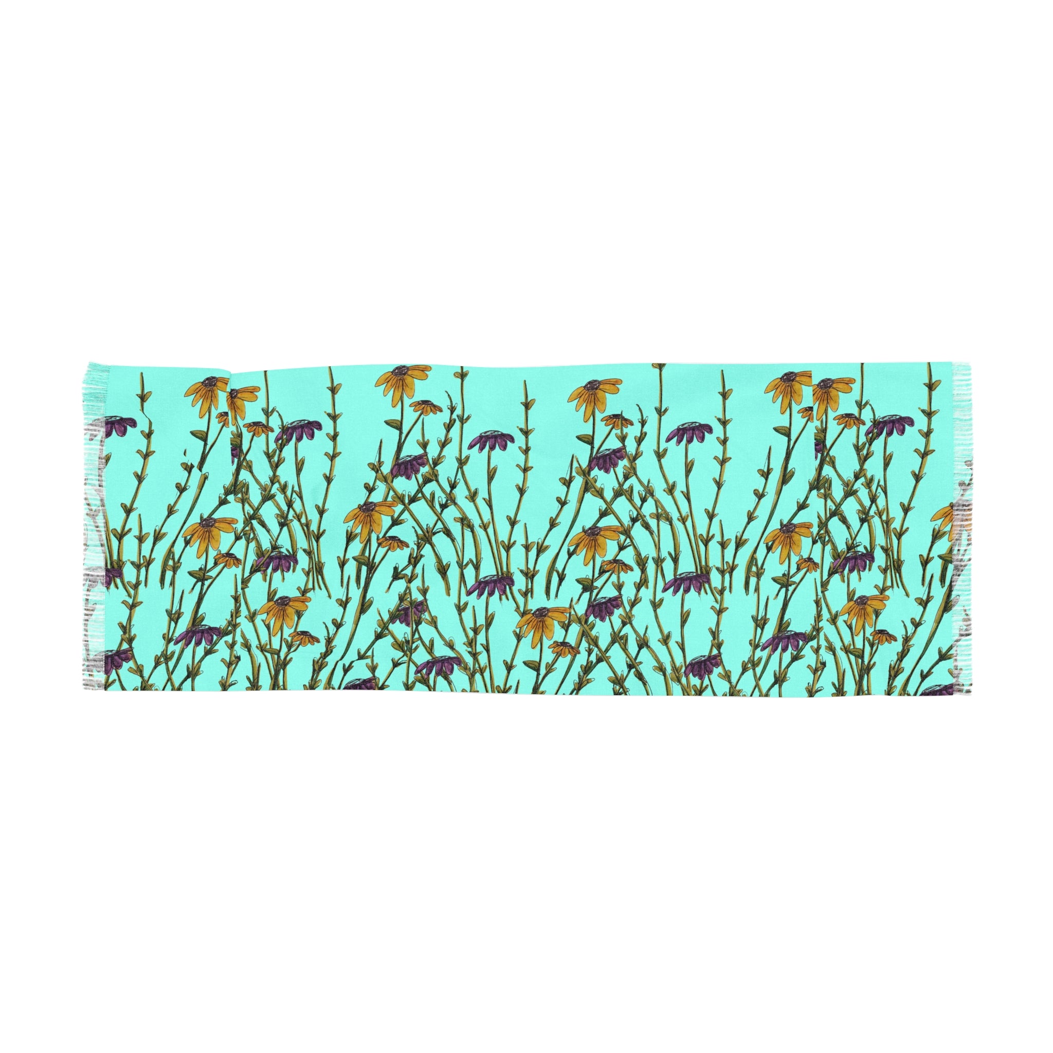 Aqua Wildflower Scarf — Lightweight Floral Spring Wrap