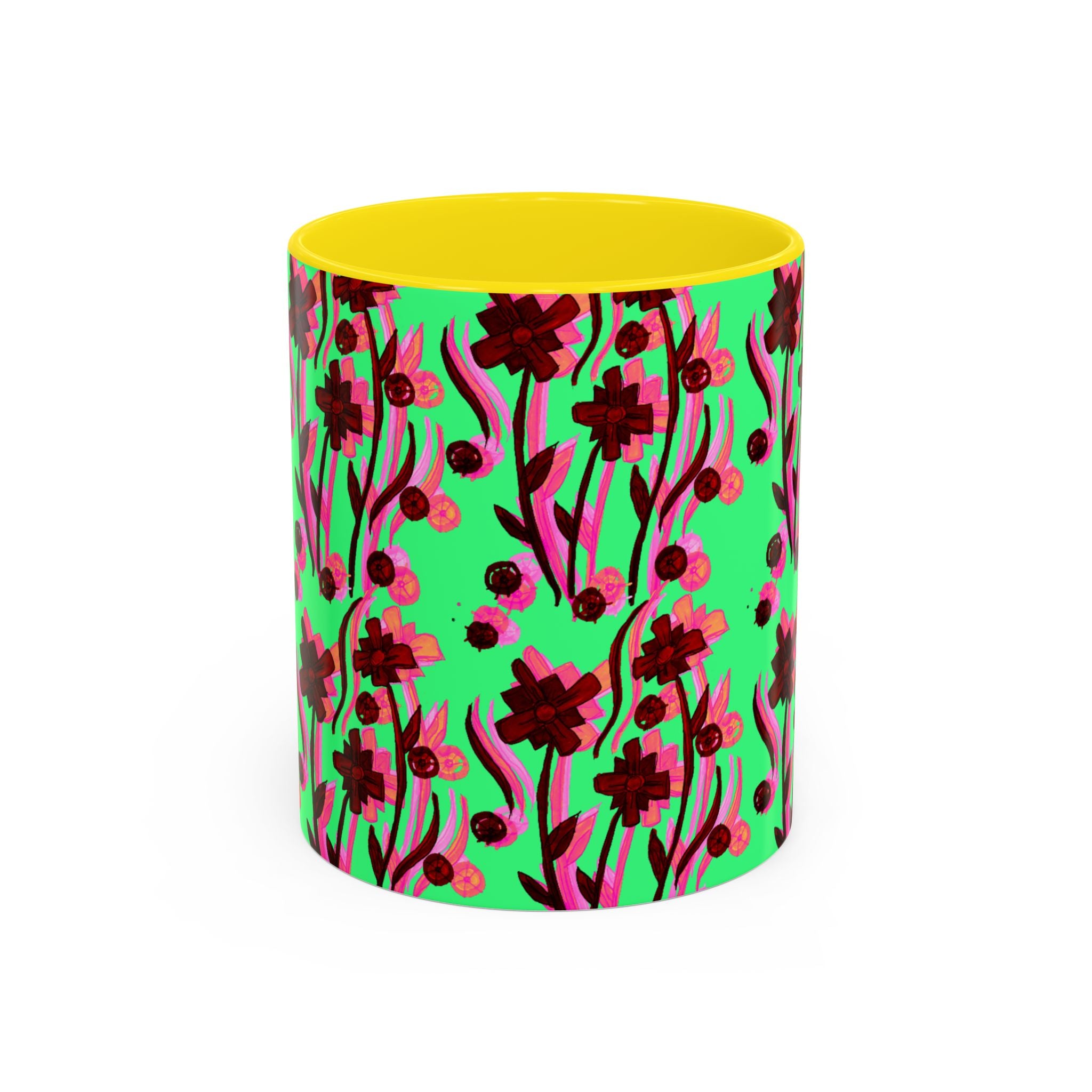 Floral Pop Accent Coffee Mug – Bold Red Flowers on Mint Green (11/15oz)