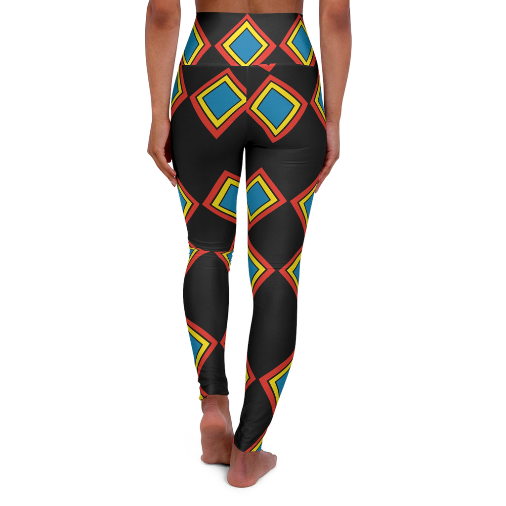 High-Waist Yoga Leggings — Bold Geometric Diamond Print (Black, Red, Yellow, Blue)