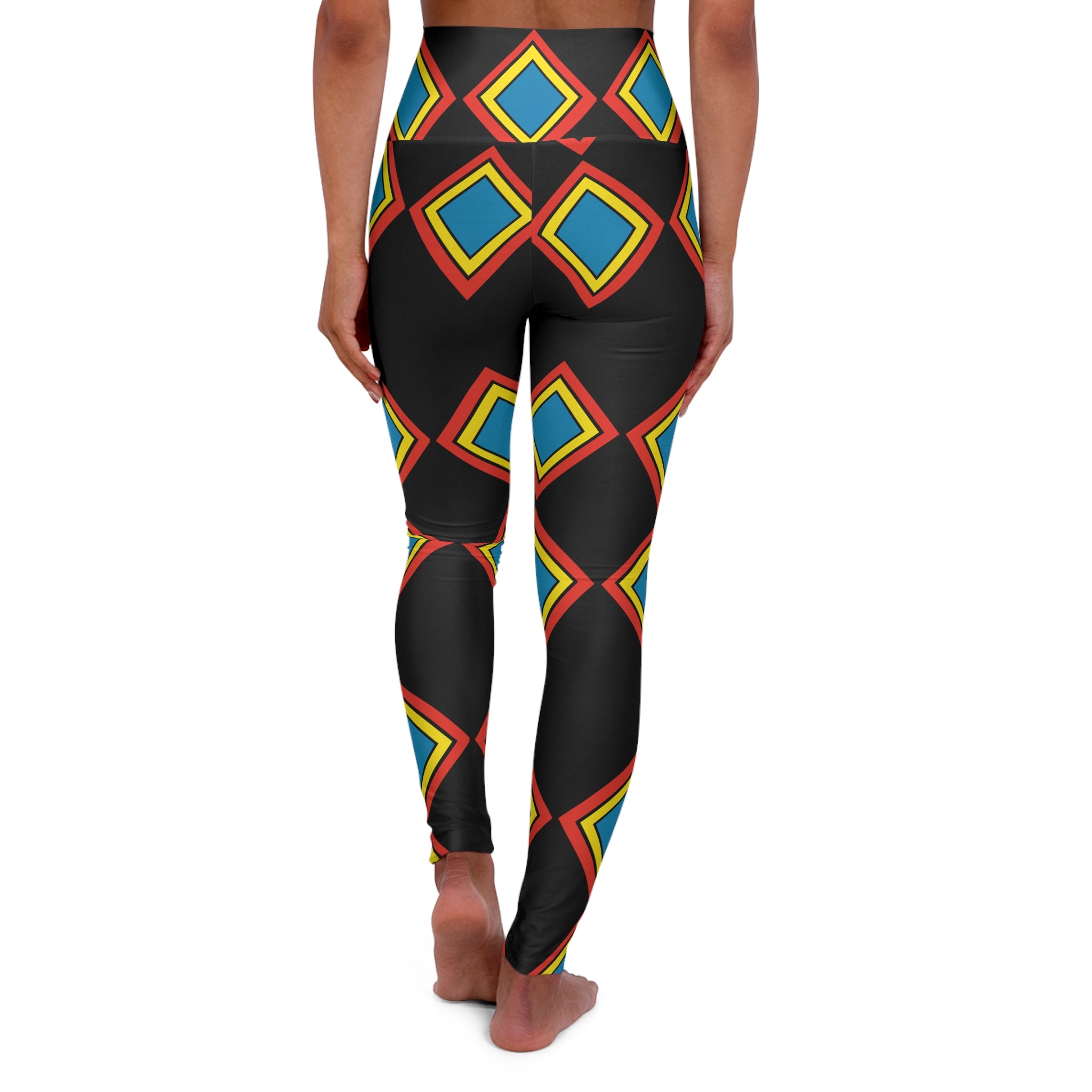 High-Waist Yoga Leggings — Bold Geometric Diamond Print (Black, Red, Yellow, Blue)