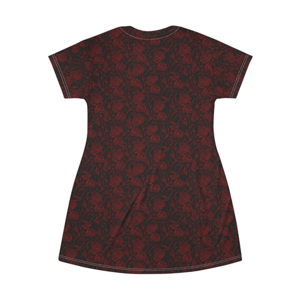 Dark Red Rose All-Over Print T-Shirt Dress — Gothic Floral Casual Dress
