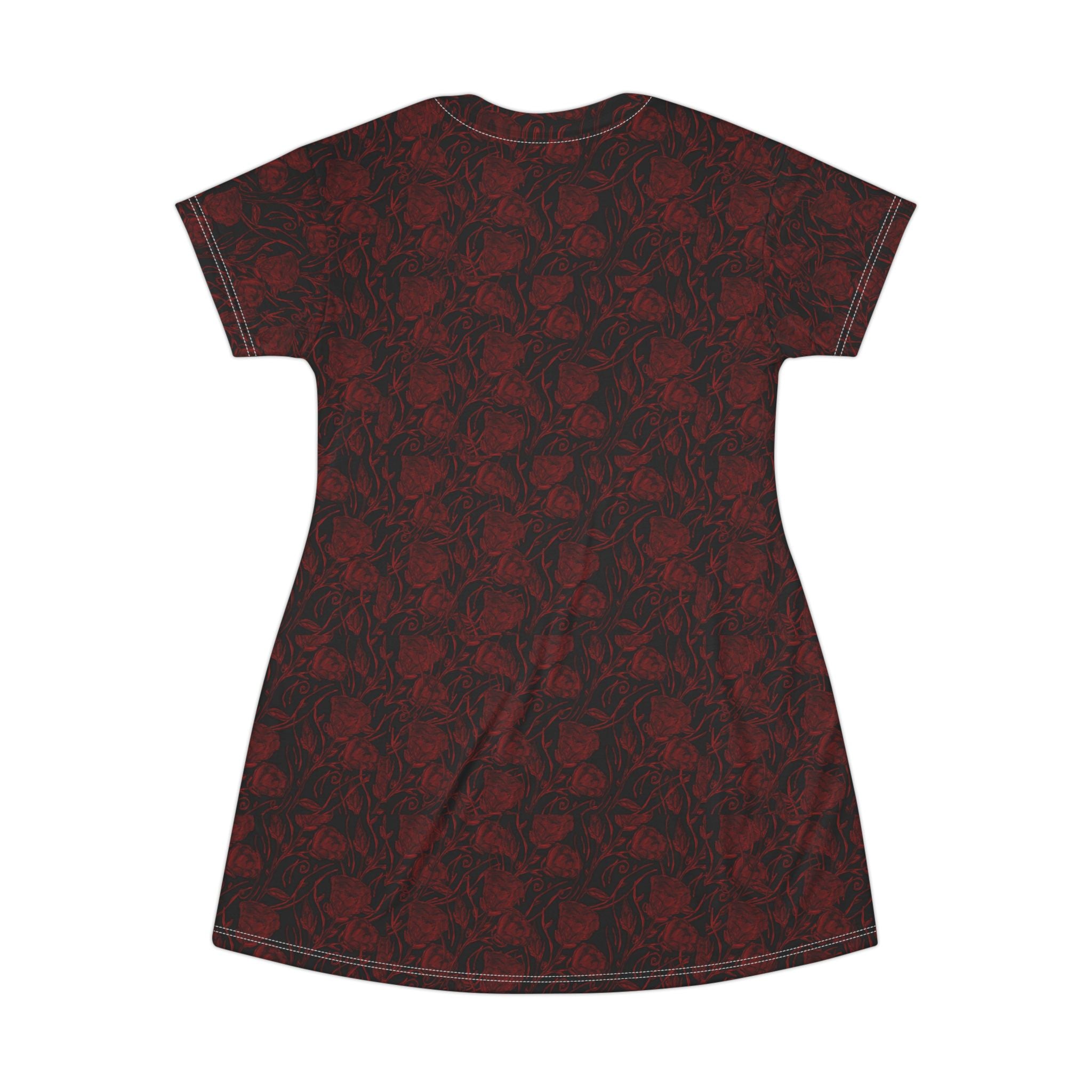 Dark Red Rose All-Over Print T-Shirt Dress — Gothic Floral Casual Dress