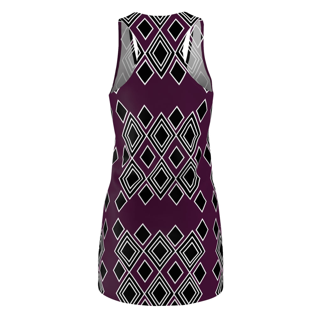 Geometric Diamond Racerback Dress — Plum & Black All-Over Print
