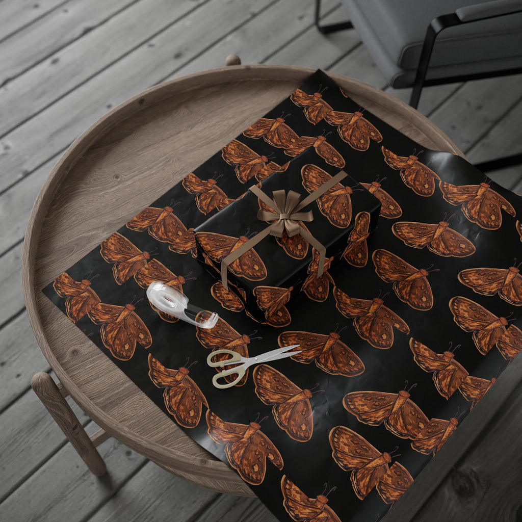 Moth Pattern Wrapping Paper — Vintage Brown Moth Gift Wrap on Black