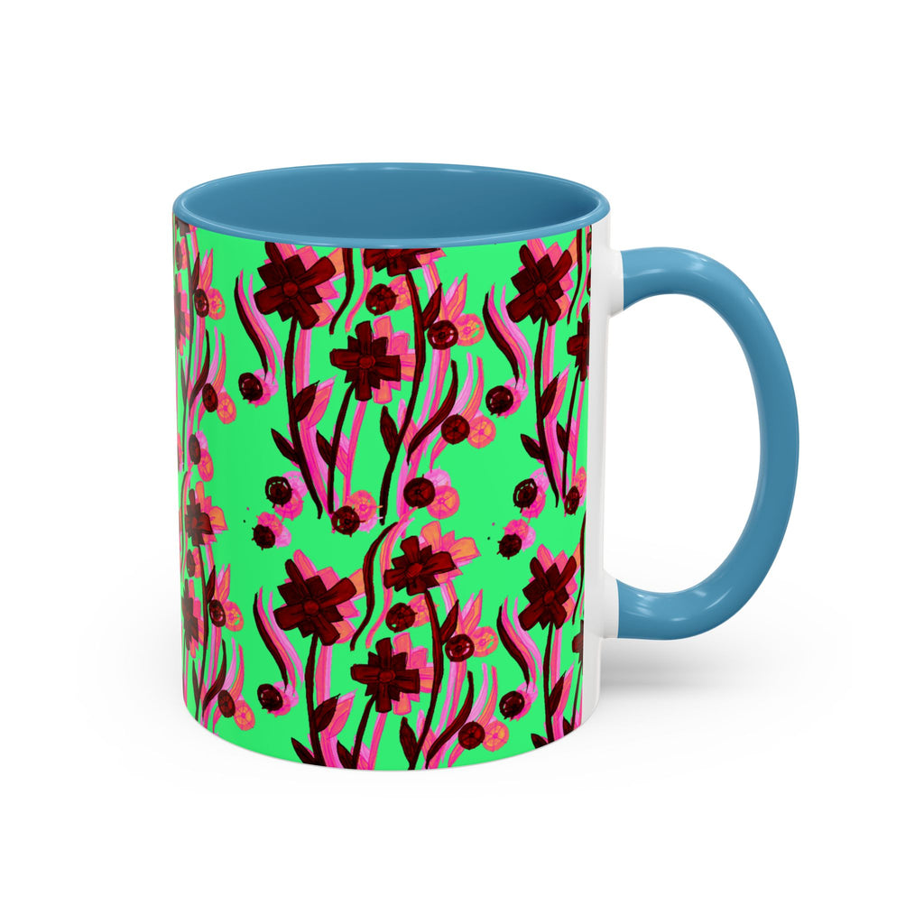 Floral Pop Accent Coffee Mug – Bold Red Flowers on Mint Green (11/15oz)