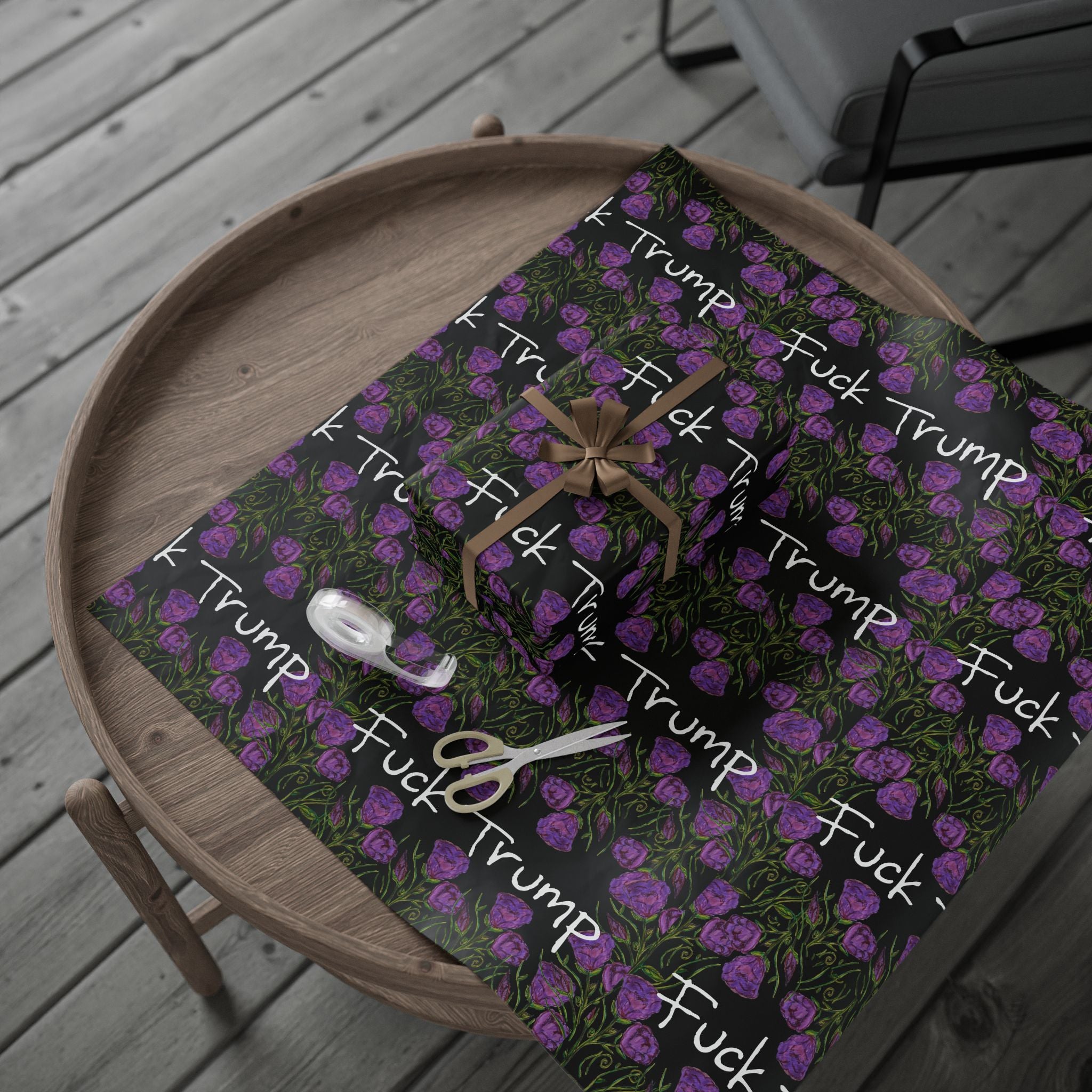Wrapping Paper — 'Fuck Trump' Purple Roses Pattern