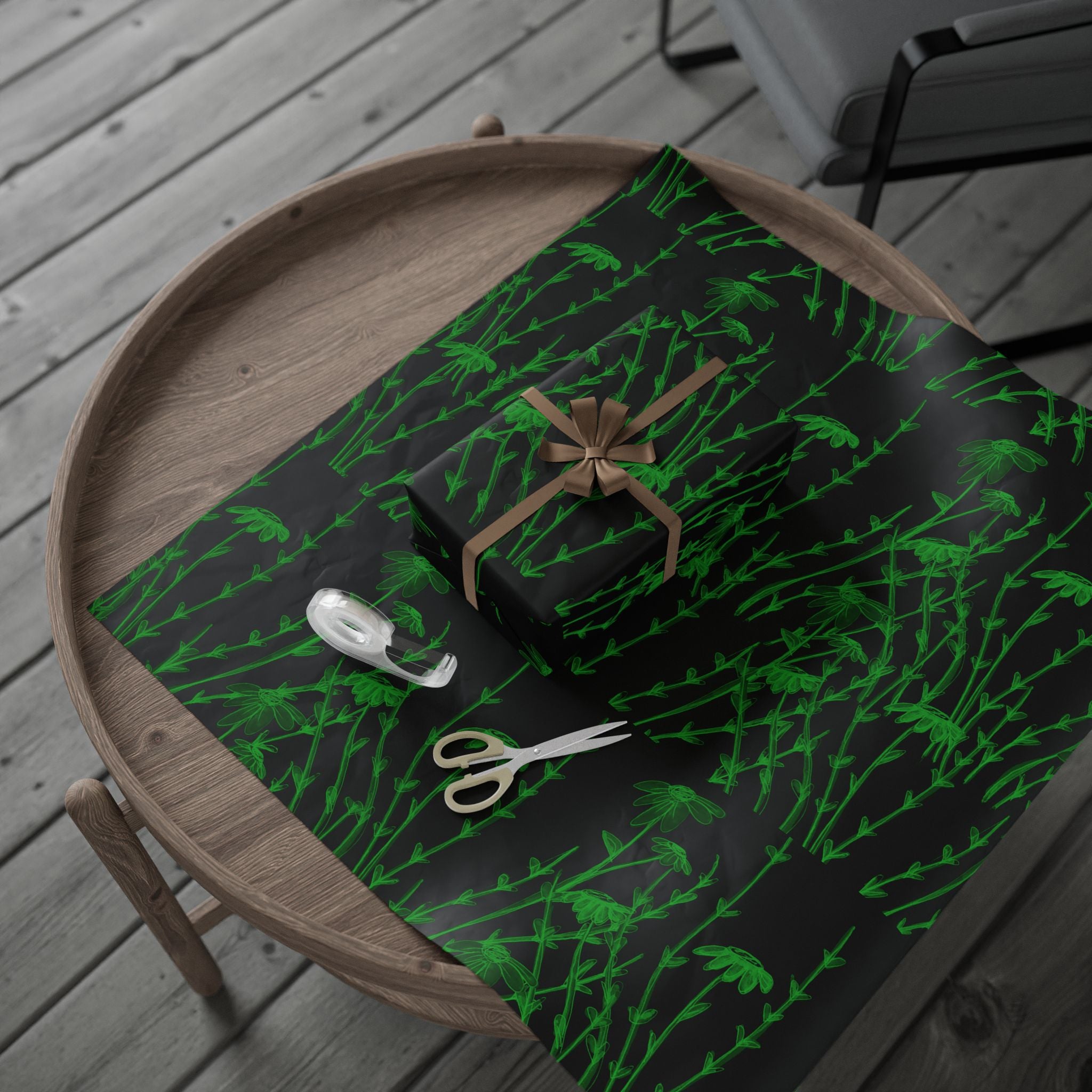Botanical Black & Neon Green Wrapping Paper — Floral Gift Wrap for Gothic, Eco-Chic & Halloween Occasions