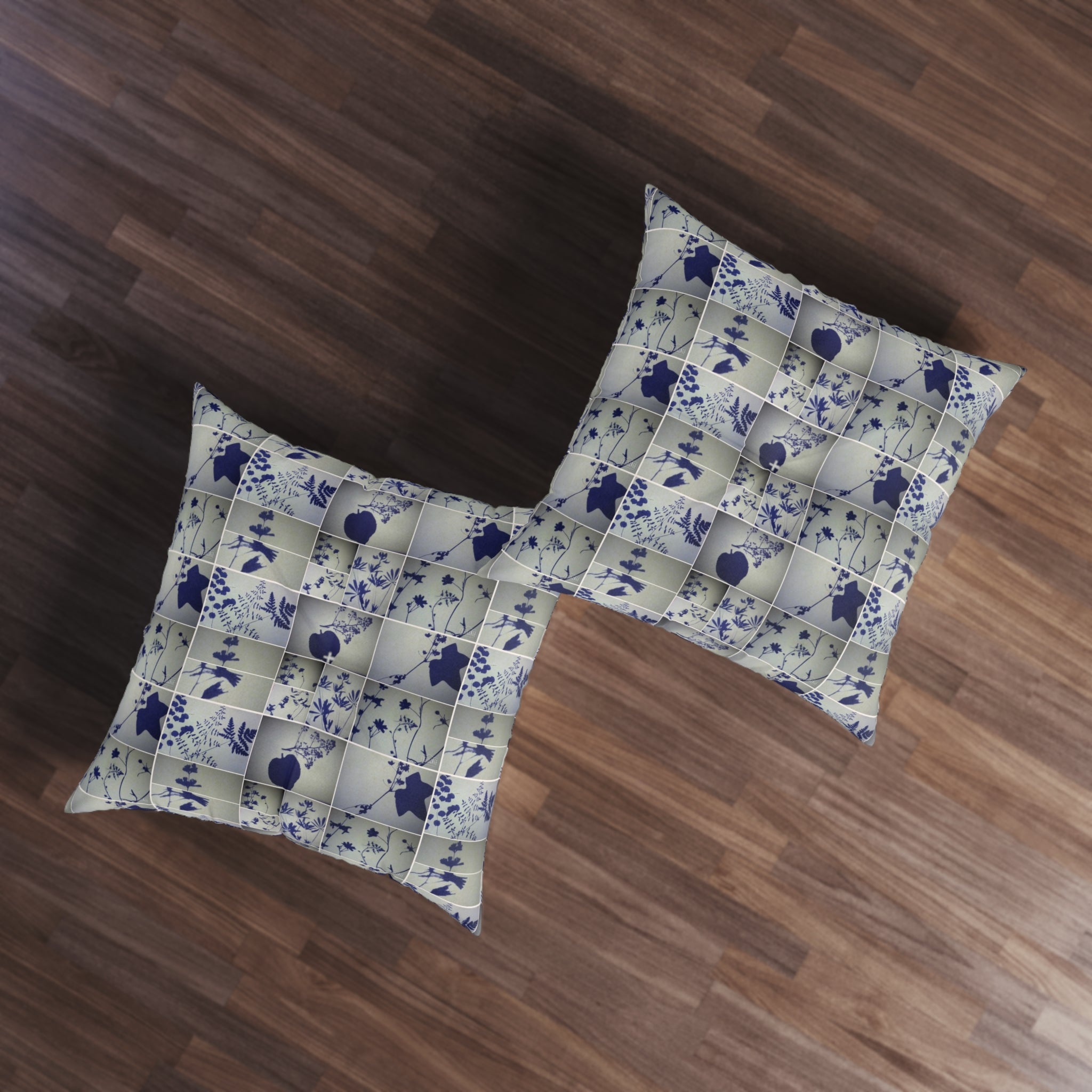 Botanical Patchwork Tufted Floor Pillow — Blue Floral Shadow Pattern