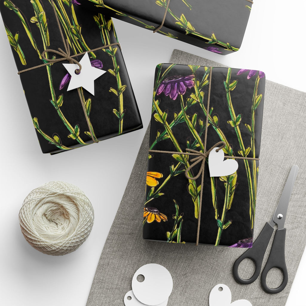 Floral Black Wrapping Paper — Wildflower Pattern Gift Wrap (Yellow & Purple)