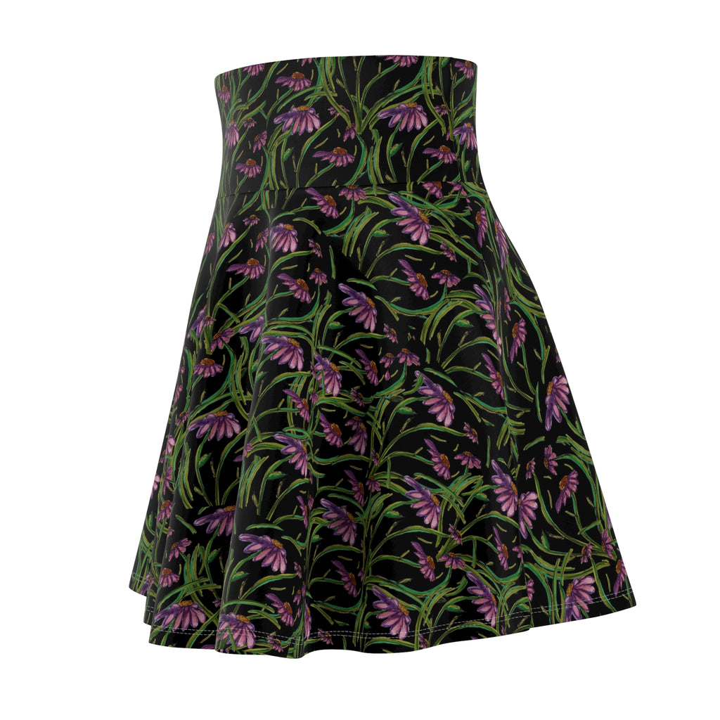 Floral Echinacea Skater Skirt — Black Wildflower Print
