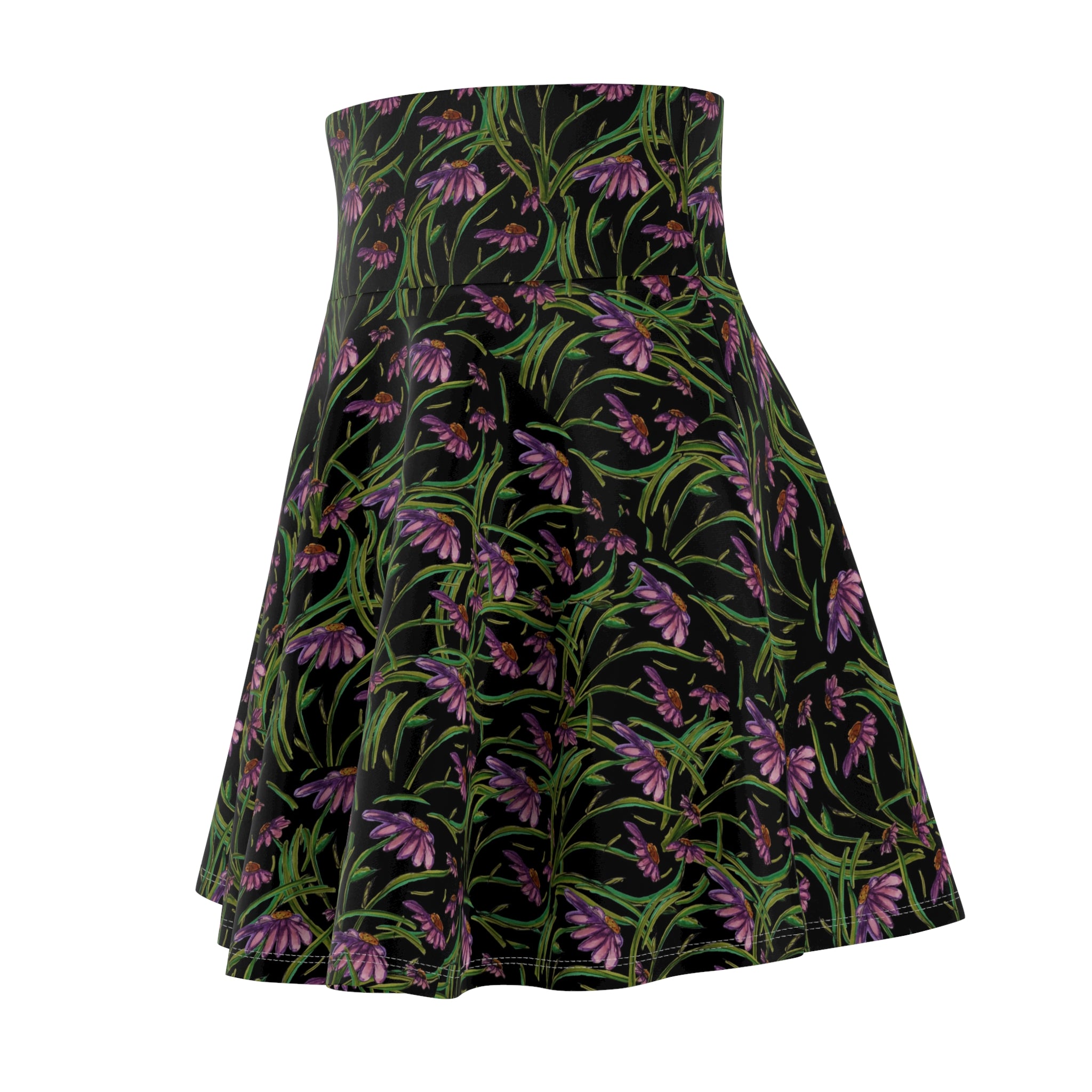 Floral Echinacea Skater Skirt — Black Wildflower Print
