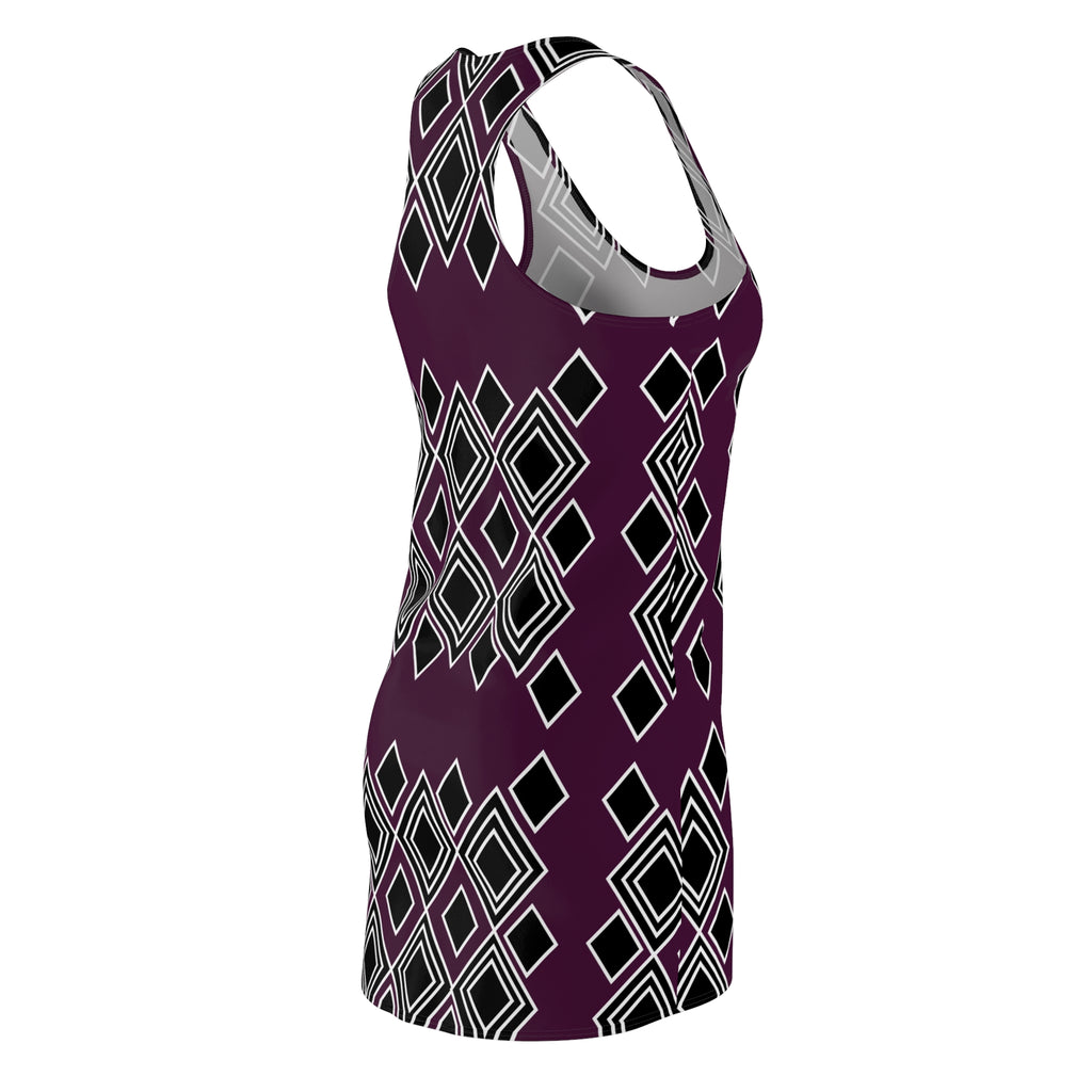 Geometric Diamond Racerback Dress — Plum & Black All-Over Print