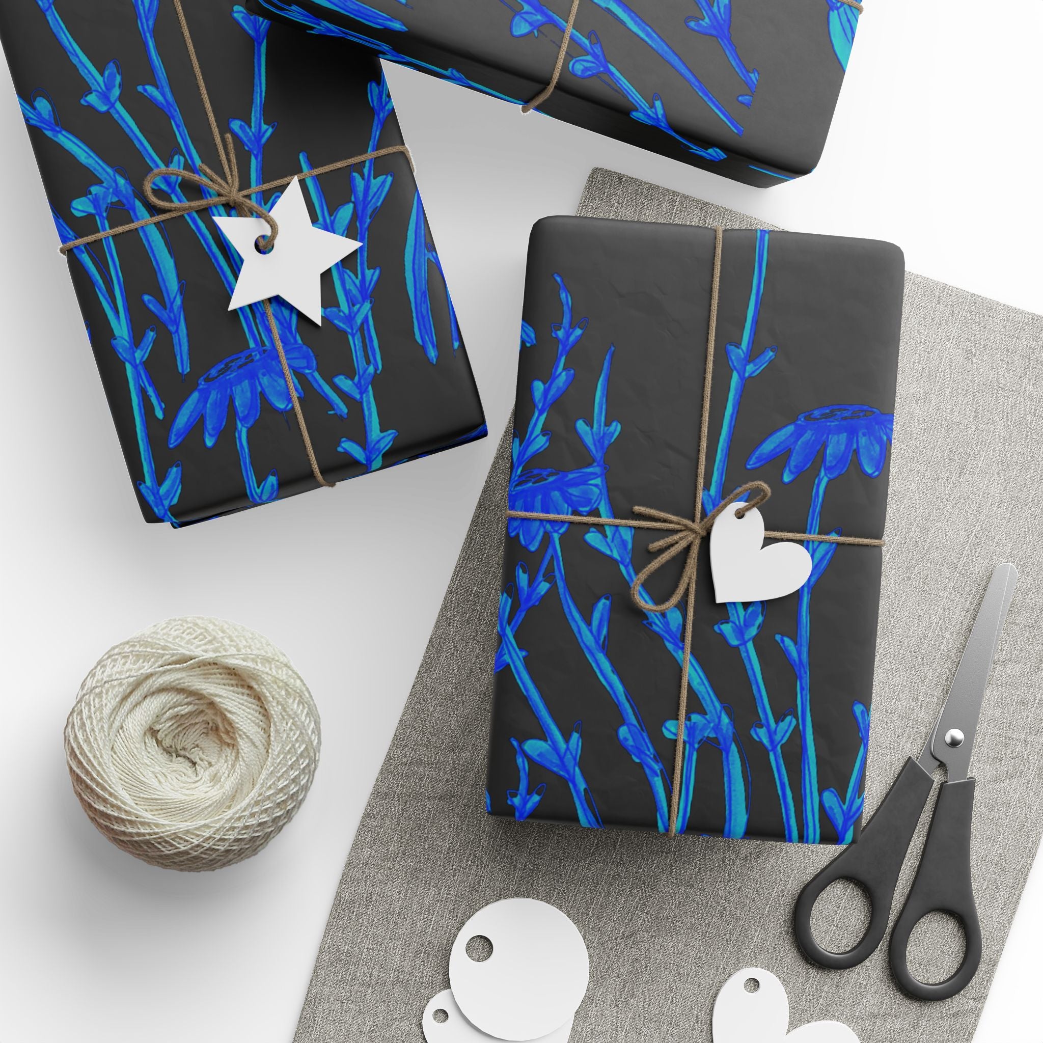Blue Floral Wrapping Paper Roll — Midnight Botanical Gift Wrap