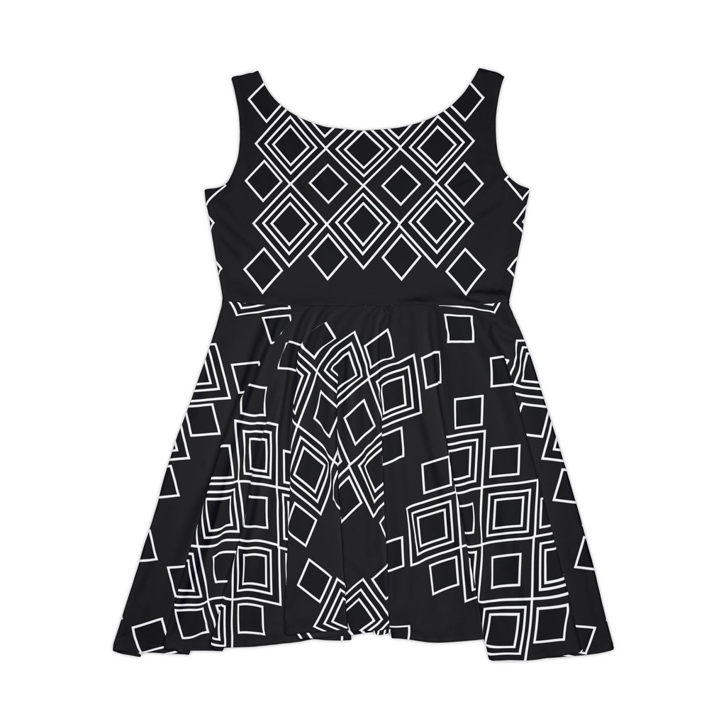 Black Geometric Skater Dress – Retro Diamond Pattern AOP