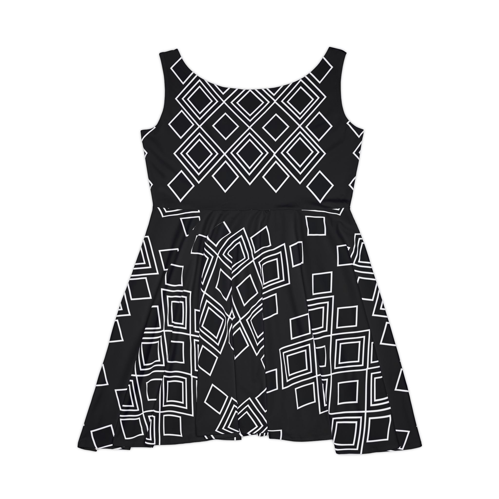 Black Geometric Skater Dress – Retro Diamond Pattern AOP