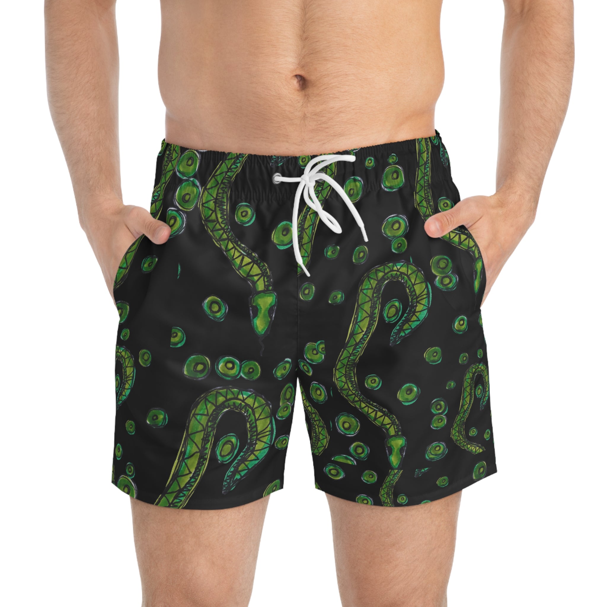 Tentacle Pattern Swim Trunks — Green Octopus Ink All-Over Print