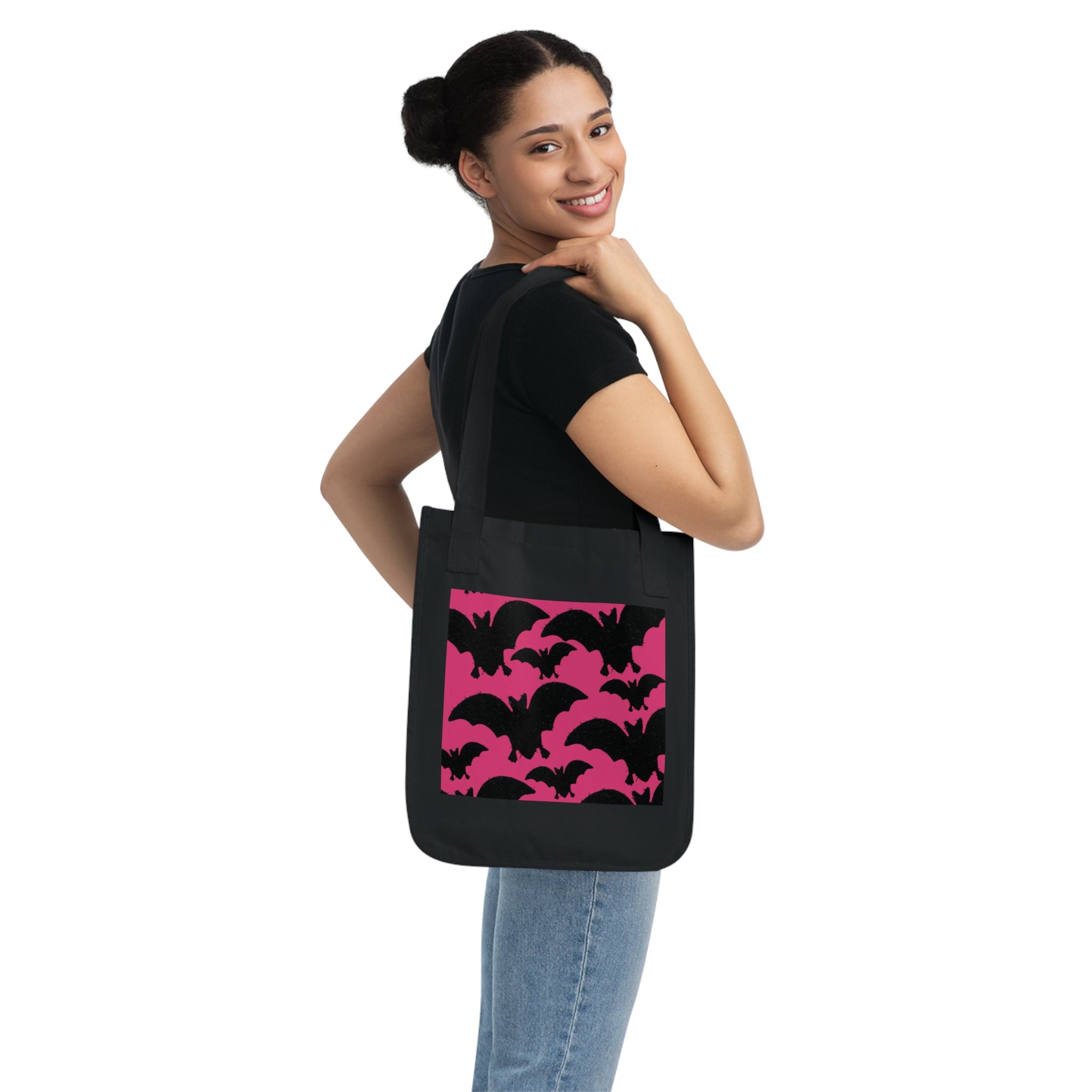 Bat Pattern Tote Bag — Pink & Black Halloween Canvas Tote