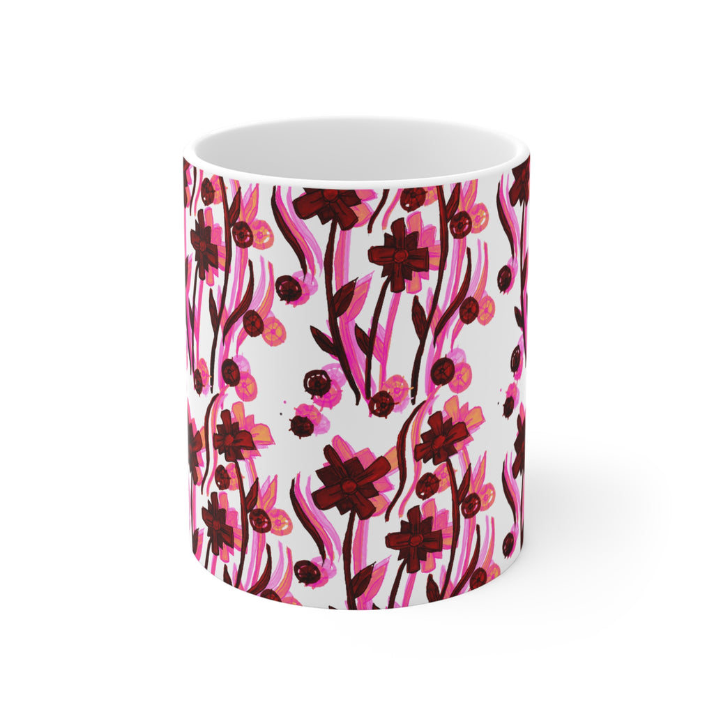 Pink Floral Pattern Coffee Mug — 11oz Artistic Bloom Design