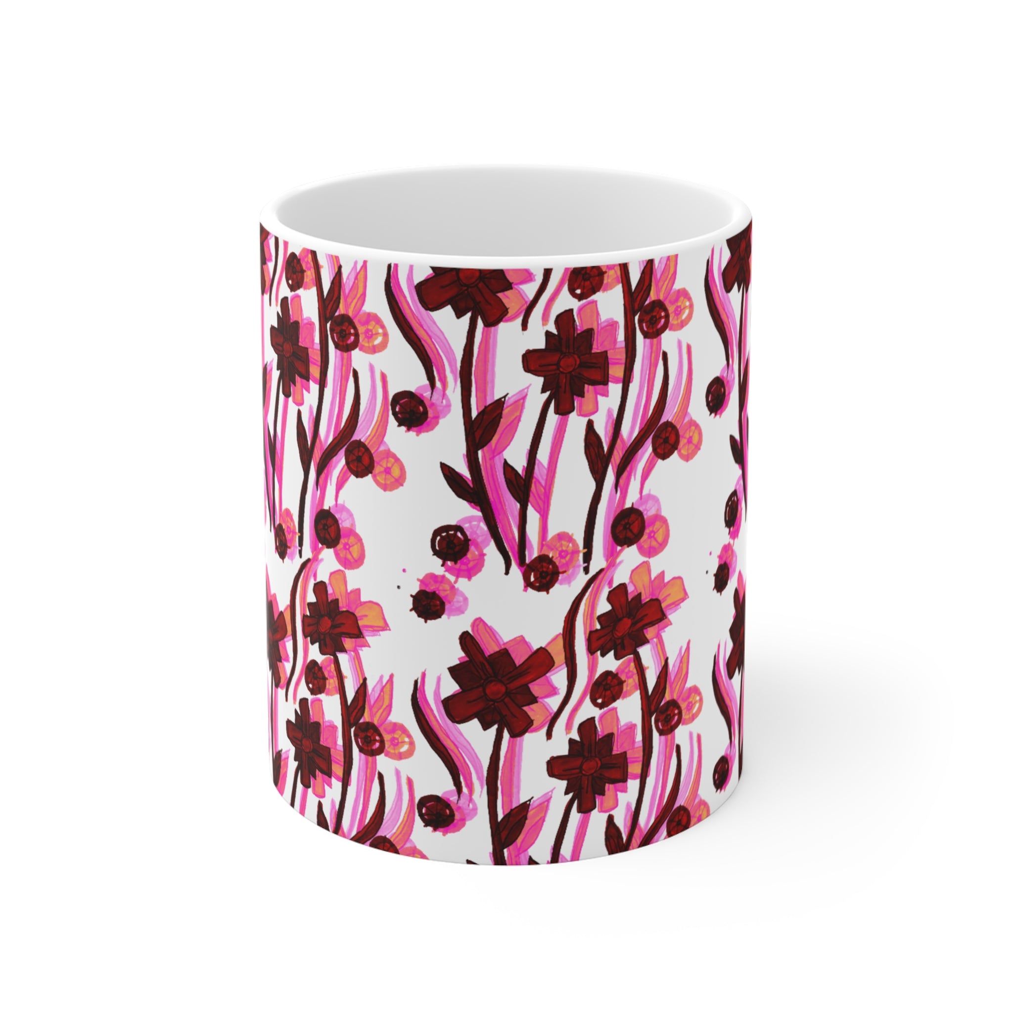 Pink Floral Pattern Coffee Mug — 11oz Artistic Bloom Design